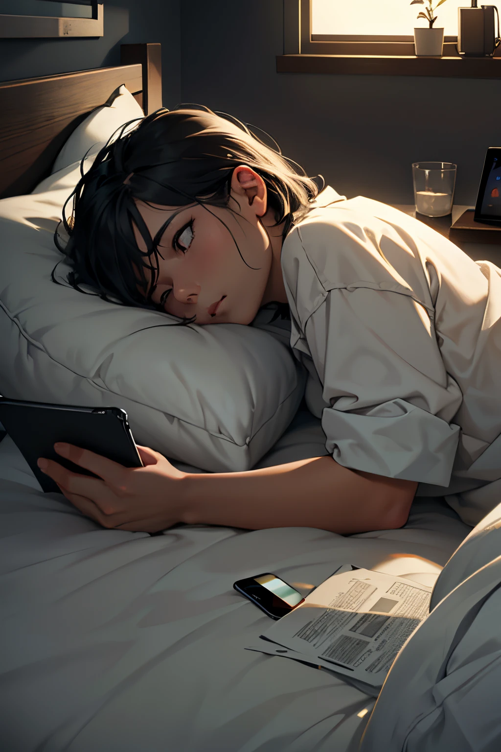 front view, person using smartphone lying at bed, tired and bored, dark room, still using the smartphone, addicted to the smartphone, open eyes, looking at the smartphone --seed 1624650921