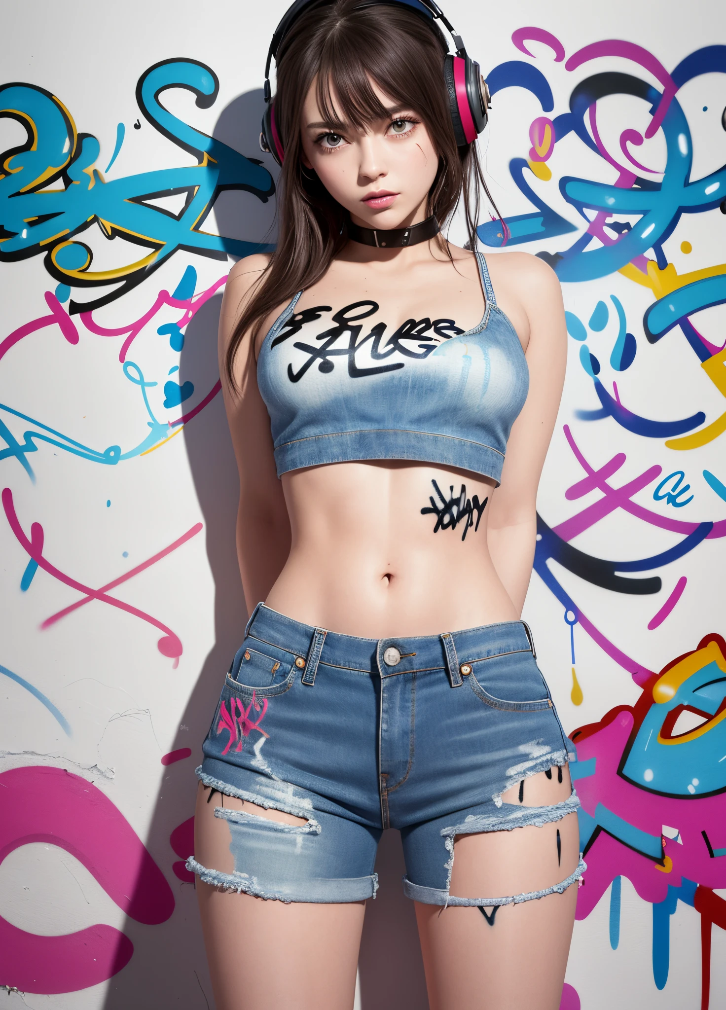 Masterpiece, Best quality, 1fille, seulement, crop top, Short en jean, collier, (graffiti:1.5), paint splashes, arm behind back, contre le mur, Regarder le spectateur, bracelet, sangle de cuisse, peinture sur le corps, head tilt, bored, cheveux multicolores, aqua eyes, casque