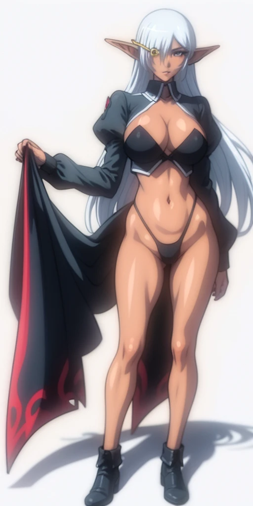 full body standing woman, white background, white hair, long messy hair, black elf skin