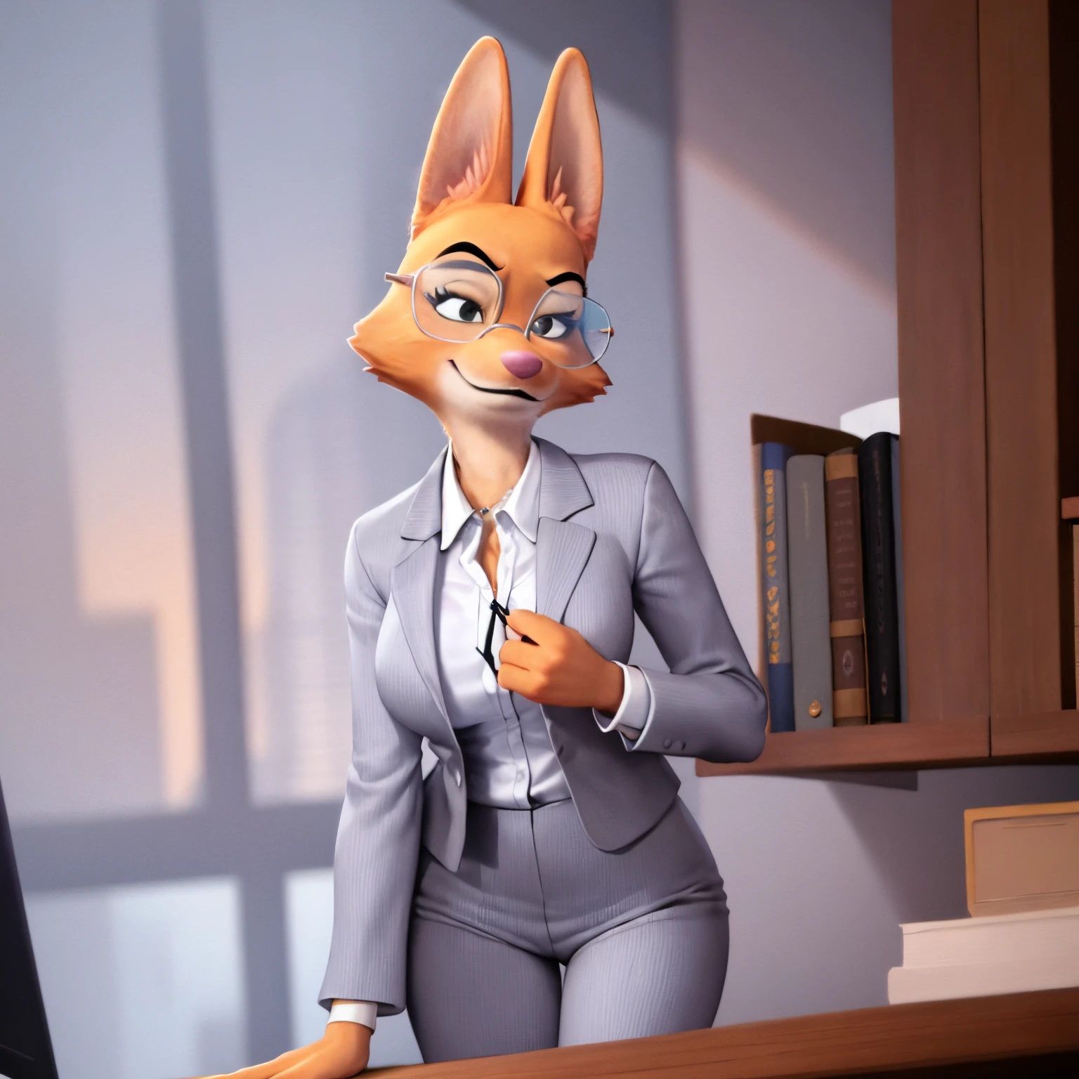 a beautiful and detailed head portrait of diane foxington working in governor's office, glasses,orange body, black lips, eyelashes, eyebrow piercing, gray business suit
