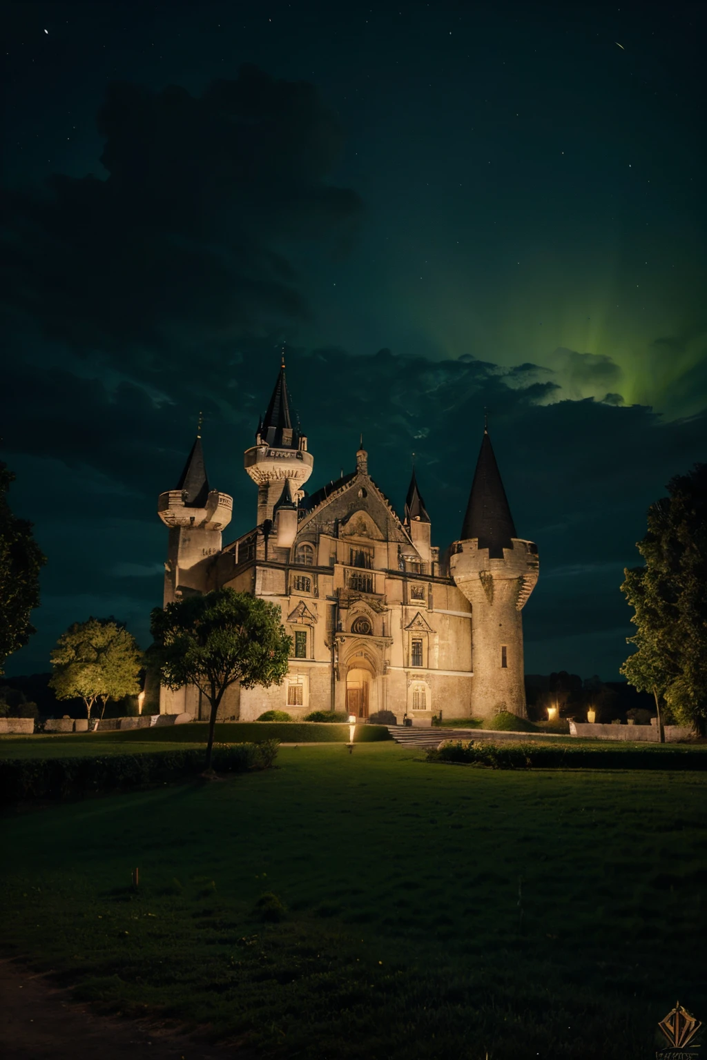 (Castelo grande da idade das trevas, Gothic style), noite escura, lua crescente, tema escuro, Corvos, Castelo da cidade de dark souls,quebrar,circunstanciado,Realistic, (The castle lights are green, with several green torches around the castle site) Arte digital altamente detalhada em 4k,octan render, bioluminescente, break 8K resolution concept art, realismo,by Mappa Studios,master part,best quality,Arte Oficial,illustration,Linha clara,(Escuro_Cor),perfect composition,absurdos, fantasia,concentrado,regra de terceiro