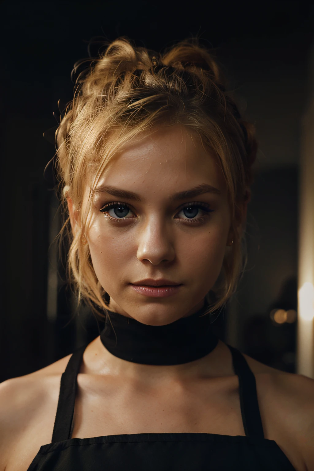 an eye contact of a blond with bun hair and dark theme