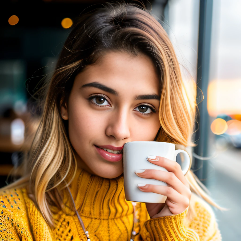 cute beautiful blonde wearing yellow sweater (drinking tea inside a modern cafe at sunset), very detailed, 21 years old indian girl, inoccent face, natural wave hair, blue eyes, high-res, masterpiece, best quality, intricate details, highly detailed, sharp focus, detailed skin, realistic skin texture,texture, detailed eyes, professional, 4k, charmer smile, shot on Canon, 85mm, shallow depth of field, kodak vision color, perfect fit body, extremely detailed, photo_\(ultra\), photorealistic, realistic, post-processing, max detail, roughness, real life, ultra realistic, photorealism, photography, 8k uhd, photography