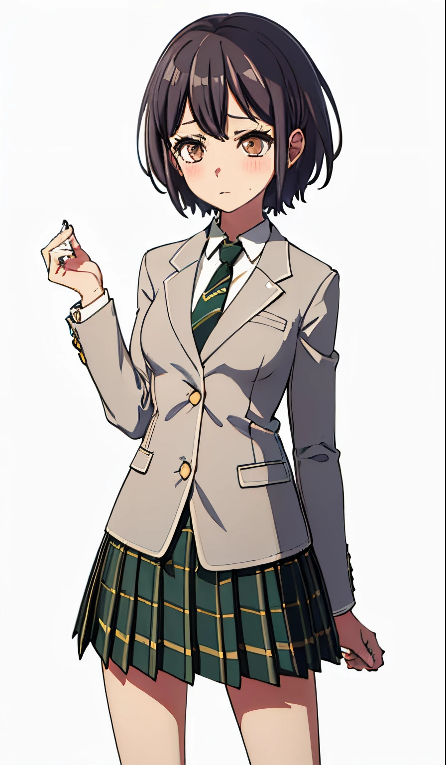 (masterpiece), (best quality), (high quality), (highres), (1girl), (short hair:1.5), blazer, gray blazer, green stripped pleated skirt, white background, short_hair, blush, bangs, necktie, blazer, upper_body, brown_eyes, black_hair