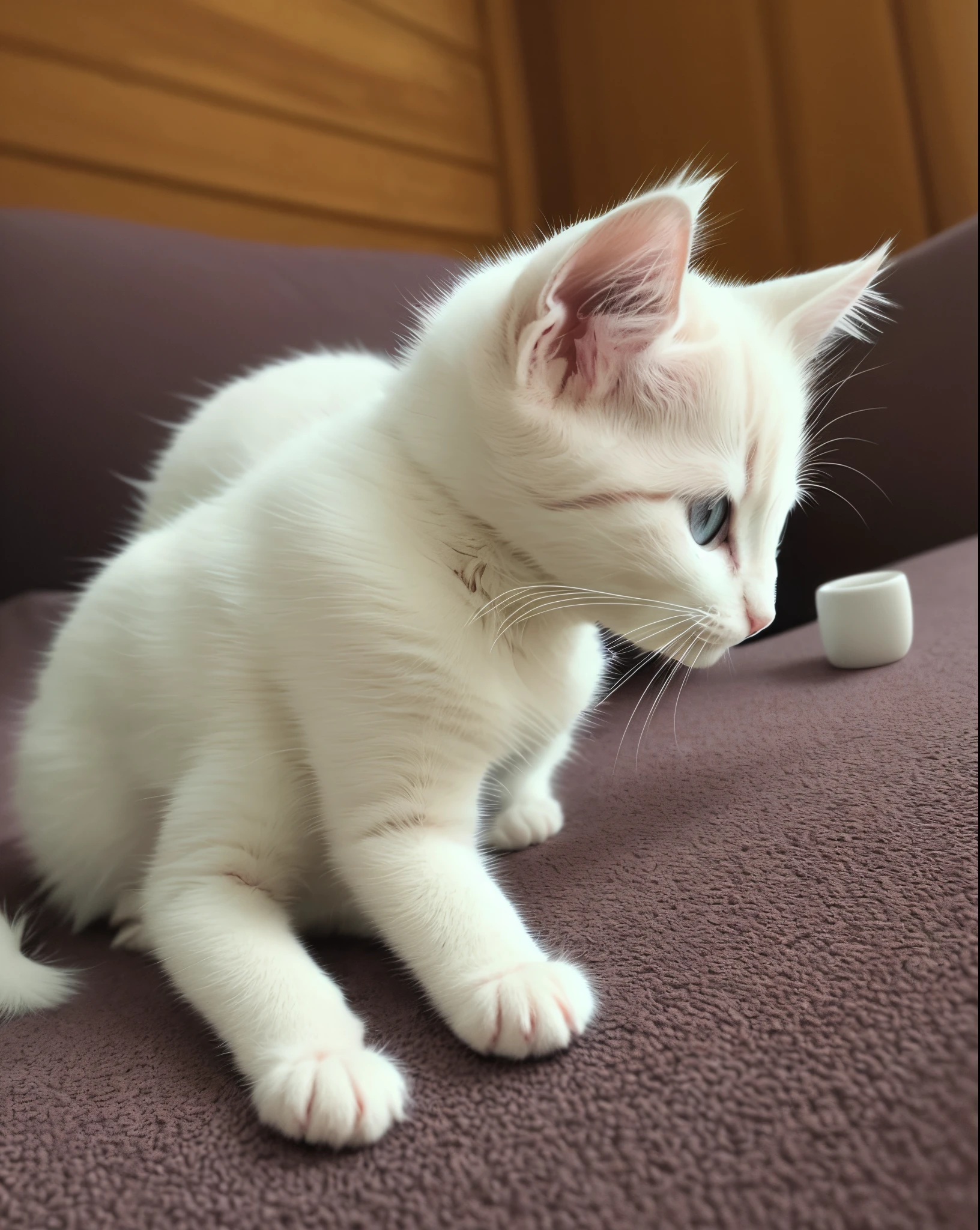 a realistic phone camera photo of a small white kitten, ultra detailed, real life style, night time --auto --s2