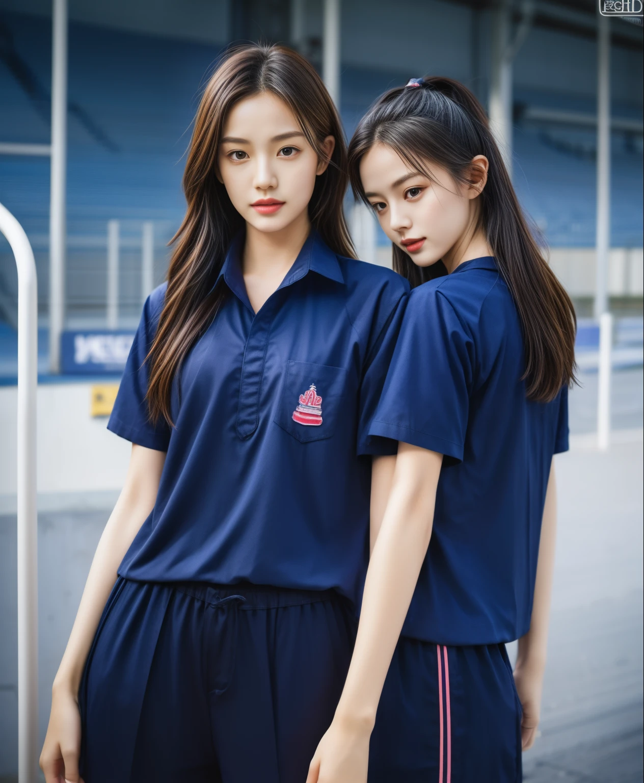 (bestquality,10,10,highres,masterpiece:1.2),ultra-detail,(Realistic,photorealistic portrait,photo-realistic:1.37),1 Cute girl in the football field,oily shiny skin,bara,light smile,BDclothelue shirt:1.3)),short sleeves,shirt, trousers.,(navy_long_Pants Track:1.1), ((Stadium Background:1.3)),dynamic angle,excited,face focus,Dynamic Poses,from behide,Ass Focus,masterpiece, bestquality, ultra realistic, hyper-detail, 8k resolution, RAW photo, crisp focus, ((Navy blue shirt:1.1)), short sleeves, Long Path, Perfect body, 2 mature women, 18yo, cinematic light,Blue sweatpants,Gymware,Correct anatomy,Complete body, Correct body, sharp face, Anatomically correct body, full entire body, Realistic gestures, long-haired, Realistic poses,Wear long shorts............................,Long leg span,Shapely,Sculpting Girl, Slender Figure, mannequin mannequins, Shapely, Beautiful body,Blue sweatpants, Two girls kissing