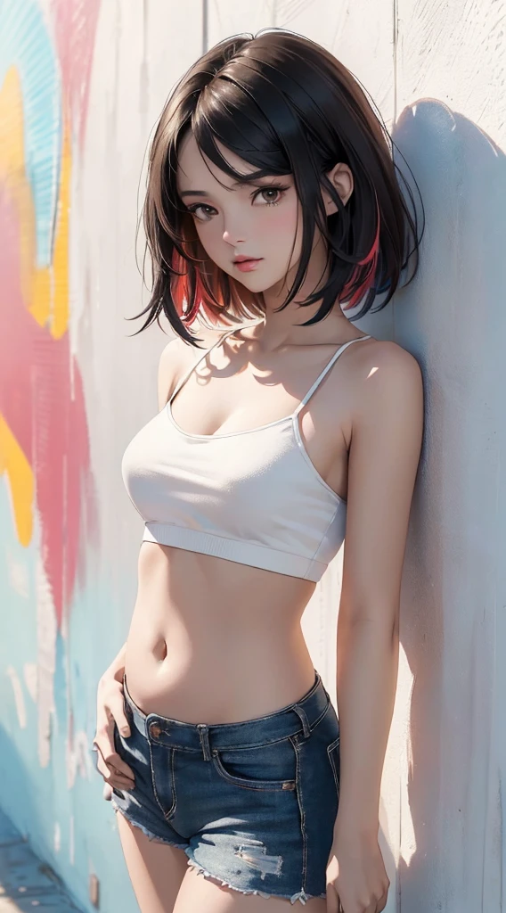 NSFW,(masterpiece:1.3, highest quality, ultra high resolution, super detailed), (realistic, photorealistic:1.4)(highest quality, masterpiece:1.2), perfect body, slim waist, nice chest, (Off-the-shoulder printed sweatshirt,Woman lifting her shirt to show her breasts,A woman showing her erect nipples and areola,big breasts),, Beanie hat, (Woman lowering her jeans to reveal white low rise panties), Quiet alley, lively