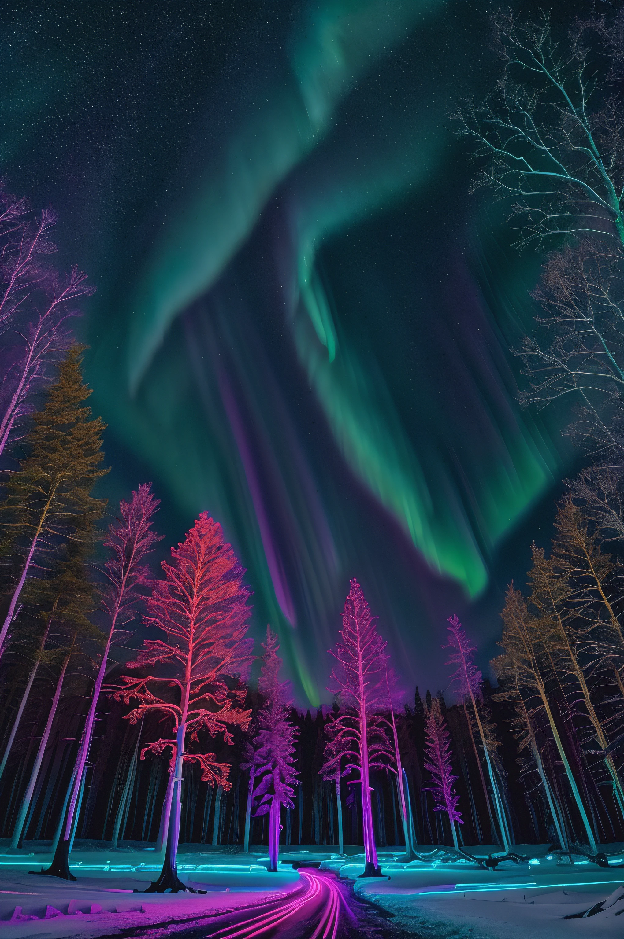 (neon_outlines), aurora borealis at night, cosmic, icy landscape, (forest) Iceland, high saturation, vibrant colors