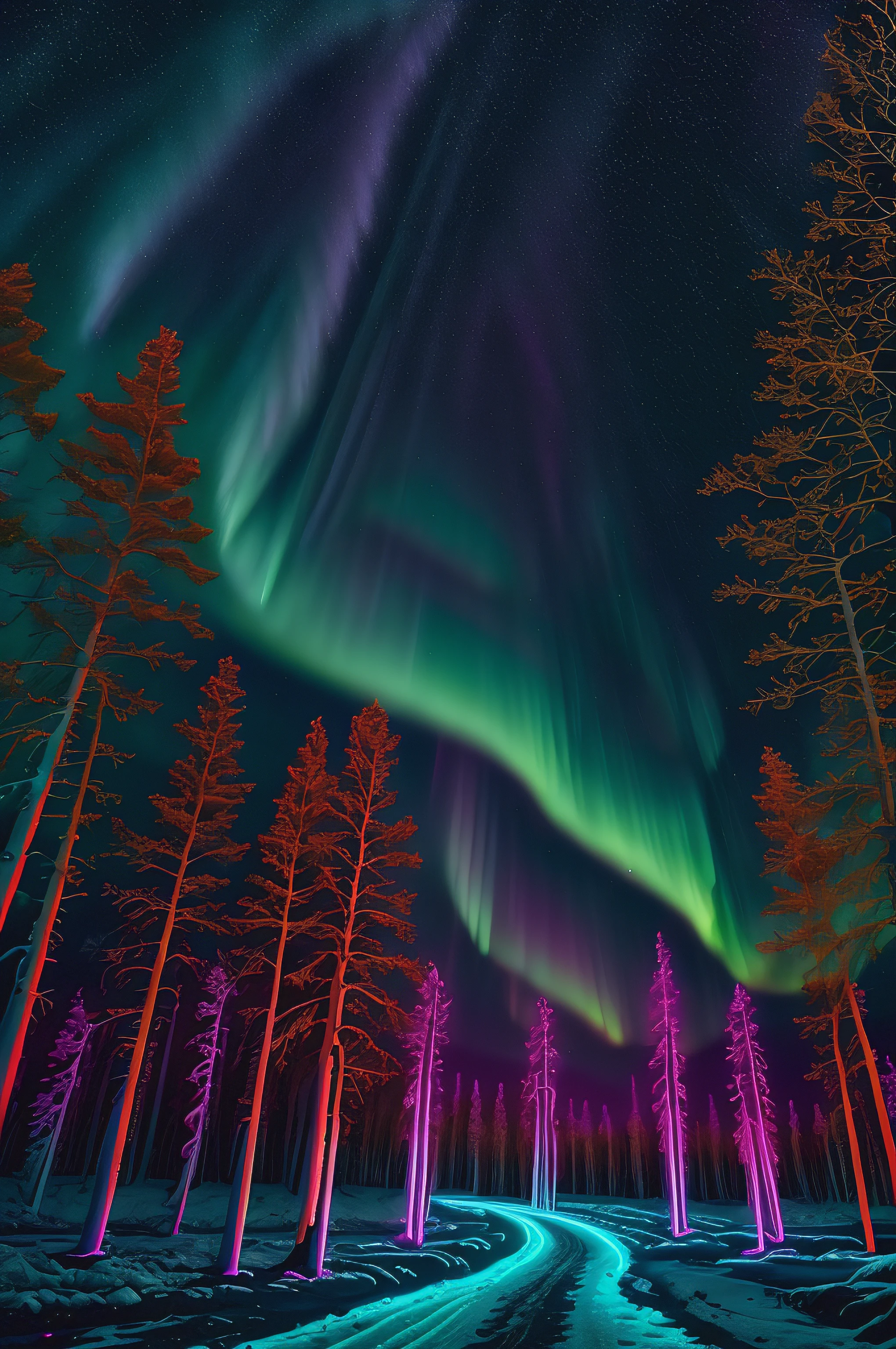 (neon_outlines), aurora borealis at night, cosmic, icy landscape, (forest) Iceland, high saturation, vibrant colors