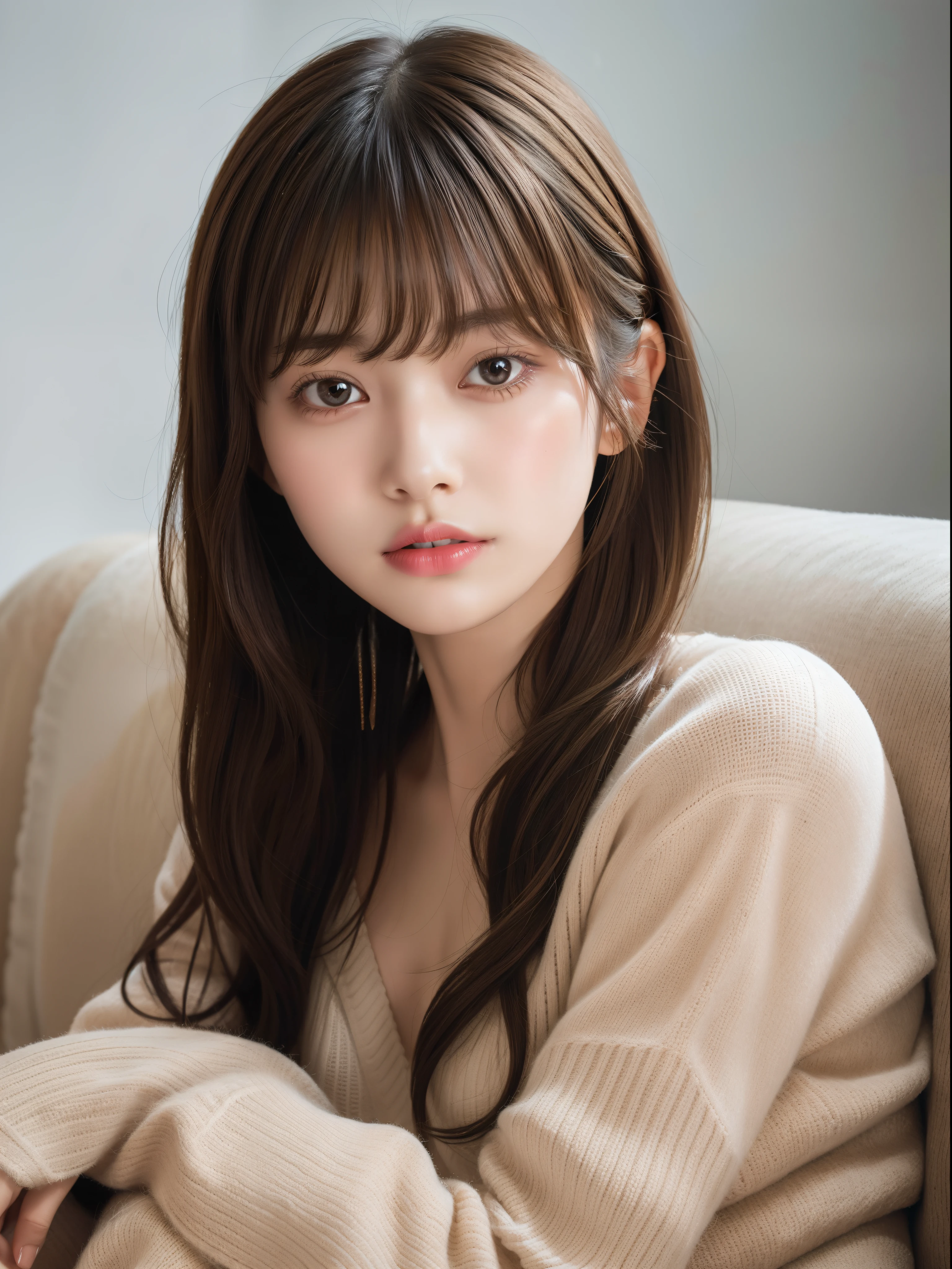 One girl sitting on a cozy sofa, Soft light, Detailed skin, (Long bangs:1,2), (Medium bust:1.0), (realphoto:1.4), (Best Quality: 1.0 ), (Ultra High Resolution:1.0), 8K, raw picture, (masutepiece:0.2), (PurerosFace_v1:0.5)
