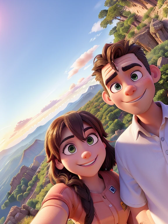 arafed man and woman taking a selfie in front of a mountain, during sunset, with mountains in the background, with mountains as background, with mountains in background, taken on go pro hero8, taken at golden hour, at the top of a mountain, on a mountain, selfie photo, selfie shot straight on angle, on top of a mountain