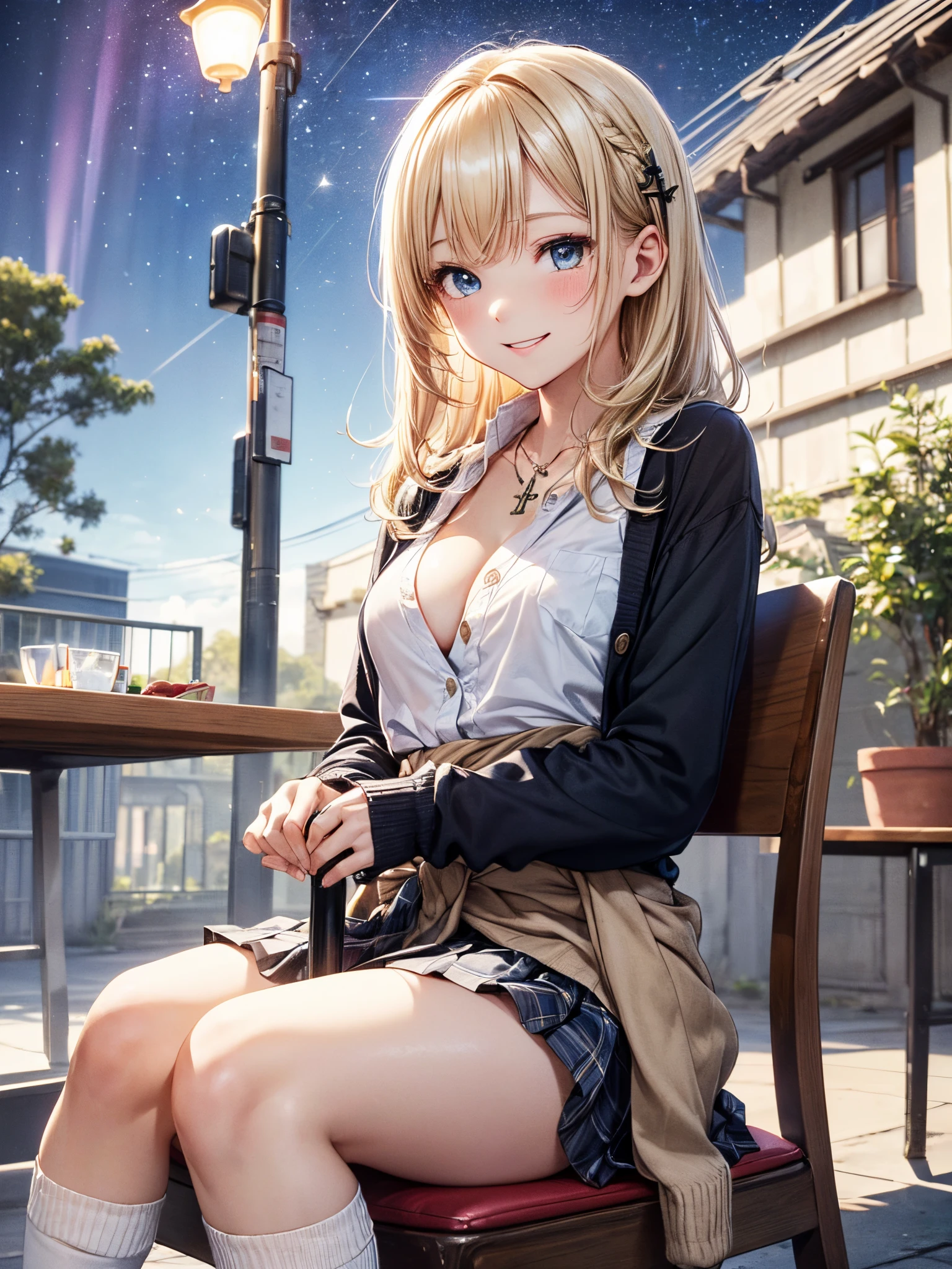 absurderes, ultra-detailliert,bright colour,(in 8K:1.3),masuter piece,extremely beautiful detailed face and eyes, 25 years old,(School Uniforms:1.2), (gals:1.2), (White shirt:1.3), (Wrap a beige cardigan around your waist:1.3), ((cleavage, Unbuttoned):1.2), (Plaid pleated skirt:1.2), (Necklace,Colorful bracelets,(Loose socks:1.4),Double peace,X-Hair,Aurora、city light、constellation、Crescent,intergalactic,lamp post, Particles of light, long-sleeve, milkyway, natta, nigh sky, outside of house, planetes, Power lines, shooting stars, Skysky, Skyscraper, report、Stargazing,Star_\(skyporn\)、starrysky、Winters、(Smooth straight blonde hair:1.3), (Shiny hair:1.2), Delicate beautiful face, red blush、Deep Blue Eyes, (Happy smiling face:1.2),Small necklace,(Sit on a chair、cross the body of the ankle