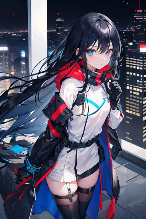 1 cold girl,,城市,Long black hair and blue eyes,and night,neonlight,assassins