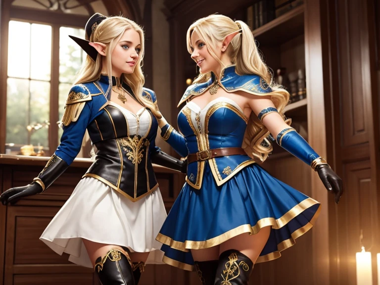 2 young women dancing in the office BREAK blonde elf with blue eyes, beatiful face, long wavy hair, in a blue dress with gold embroidery, leather gloves above the elbow, thigh boots. BREAK brunette elf, hair ponytail, cute face, in a white dress with black embroidery, leather gloves above the elbow, thigh boots. BREAK atmosphere of celebration and fun, high quality. 8K.