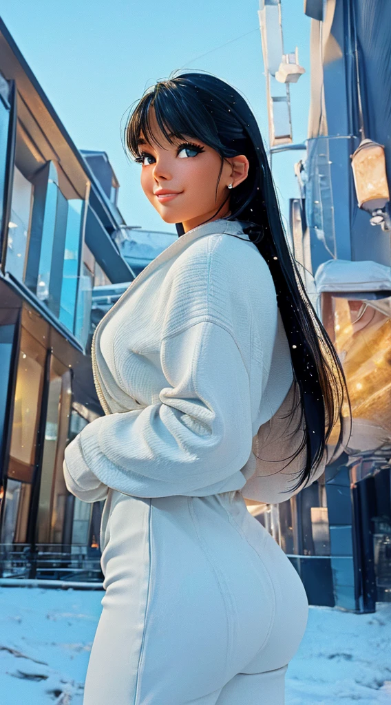 In a winter morning, a girl stands alone, looking directly at the viewer with a serene smile on her face. Her black hair cascades down her shoulders and highlights her beautiful features such as her striking eyes, delicate nose, and captivating lips. She is dressed in a stylish outfit that perfectly suits the downtown vibe, exuding a sense of confident and contemporary fashion. The cowboy shot captures her from the waist up, emphasizing her presence and allowing the viewer to appreciate her elegant posture and graceful stance.
The artwork is created with a mix of different mediums, combining the intricate details of an illustration with the rich colors and textures of oil painting. The result is a masterpiece that showcases the talent and skill of the artist, with ultra-detailed features and a realistic, photorealistic quality. The image is brought to life with the use of professional lighting techniques, casting a soft and warm glow on the girl and the surrounding scene.
The overall color palette of the artwork is dominated by cool winter tones, with hints of deep blues and icy whites that evoke a sense of tranquility and calmness. The lighting enhances this effect, creating a dreamy and ethereal atmosphere that adds to the overall beauty of the composition.
The girl's captivating gaze and gentle smile invite the viewer to immerse themselves in the scene, inspiring a sense of wonder and curiosity about the world around us. The artwork captures a fleeting moment in time, freezing it forever in a visually stunning and emotionally captivating piece of art.