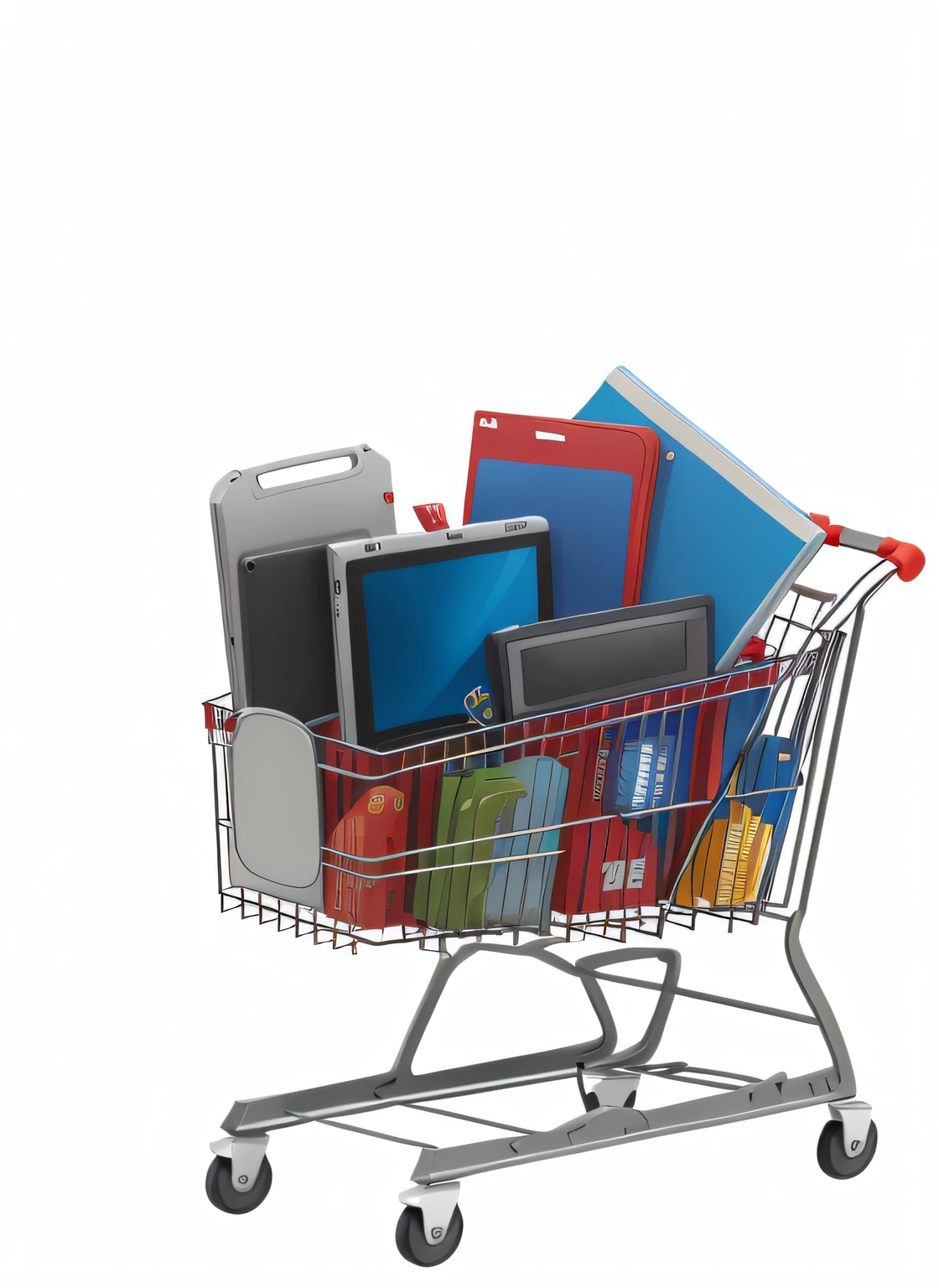 arafid shopping cart,There are electronic devices and books on it, shopping cart, The carriage full of computers, Cart, Shopping cart full of groceries, Mobile, full device, shopping cart icon, author:Kurt Roche, technologies, a digital rendering, a digital rendering, Surreal, Digital media, rendering, imagem de qualidade alta, platforms, Jason Benjamin, drawn image