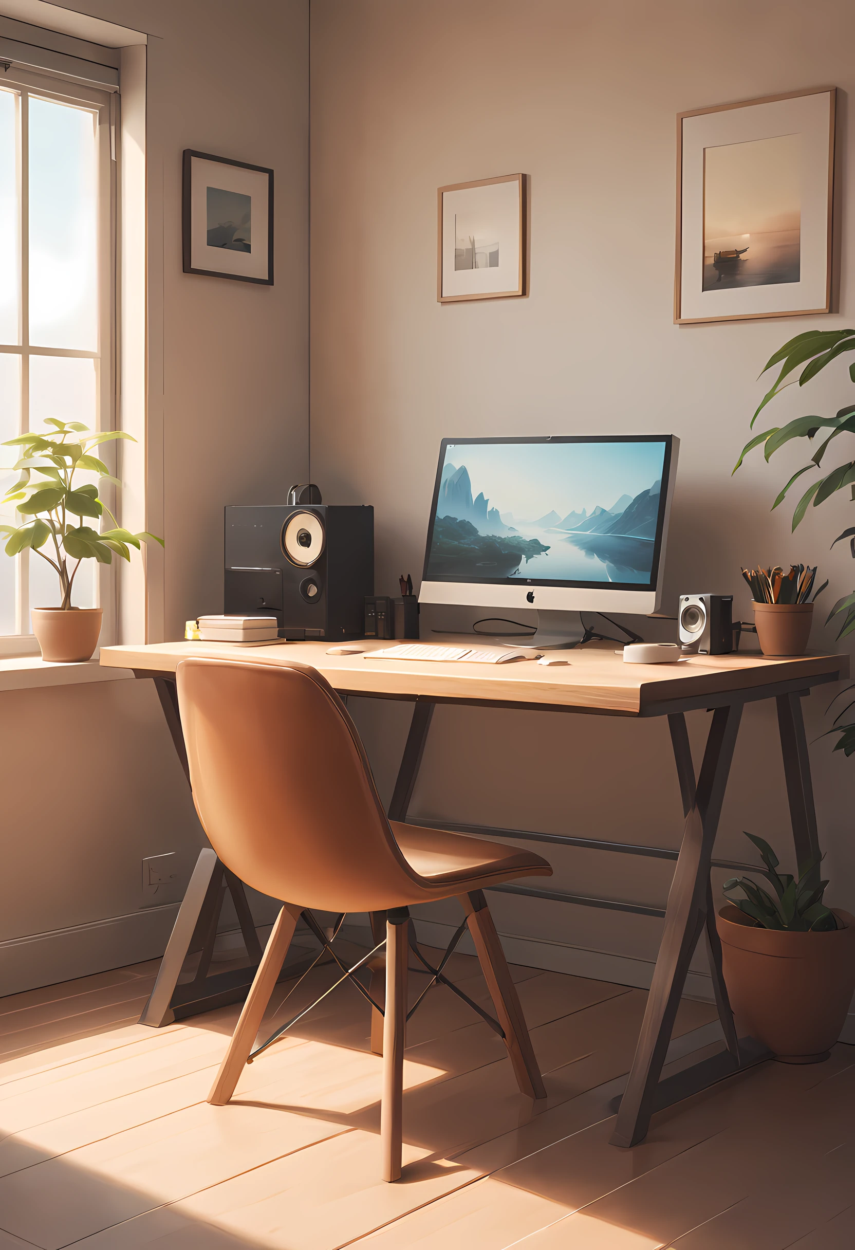 (masterpiece, best quality:1.2), no human, minimalist room, minimalist, minimalism, clean, Japanese, (bedroom, desk, minimalism:1.4), studio ghibli, anime style, clean, interior, modern:1.4, clean desk, warm tone, Fujifilm, motion blur, cinematic lighting, bloom, chromatic aberration abuse, film grain, Fujicolor, masterpiece, super detail, highres, best quality