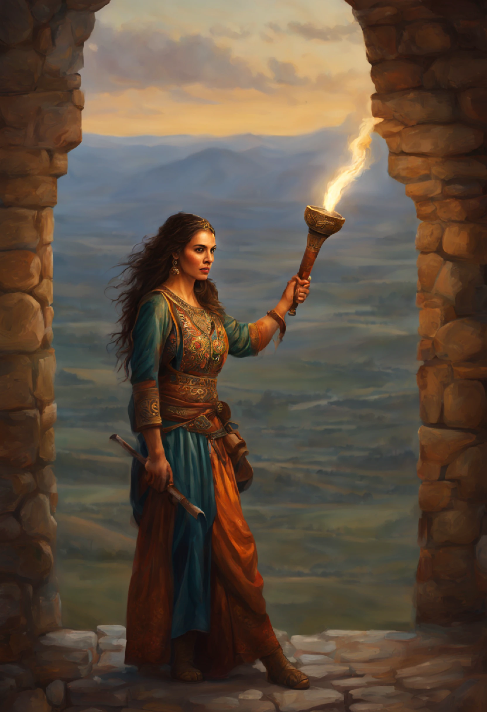 a strong warrior woman holding a lit torch on a castle, wearing Kurdish traditional dress, looking off camera, pretty face, castle battlements, behind castle battlements, huge plains landscape, non-anime style, realism, real art, painting