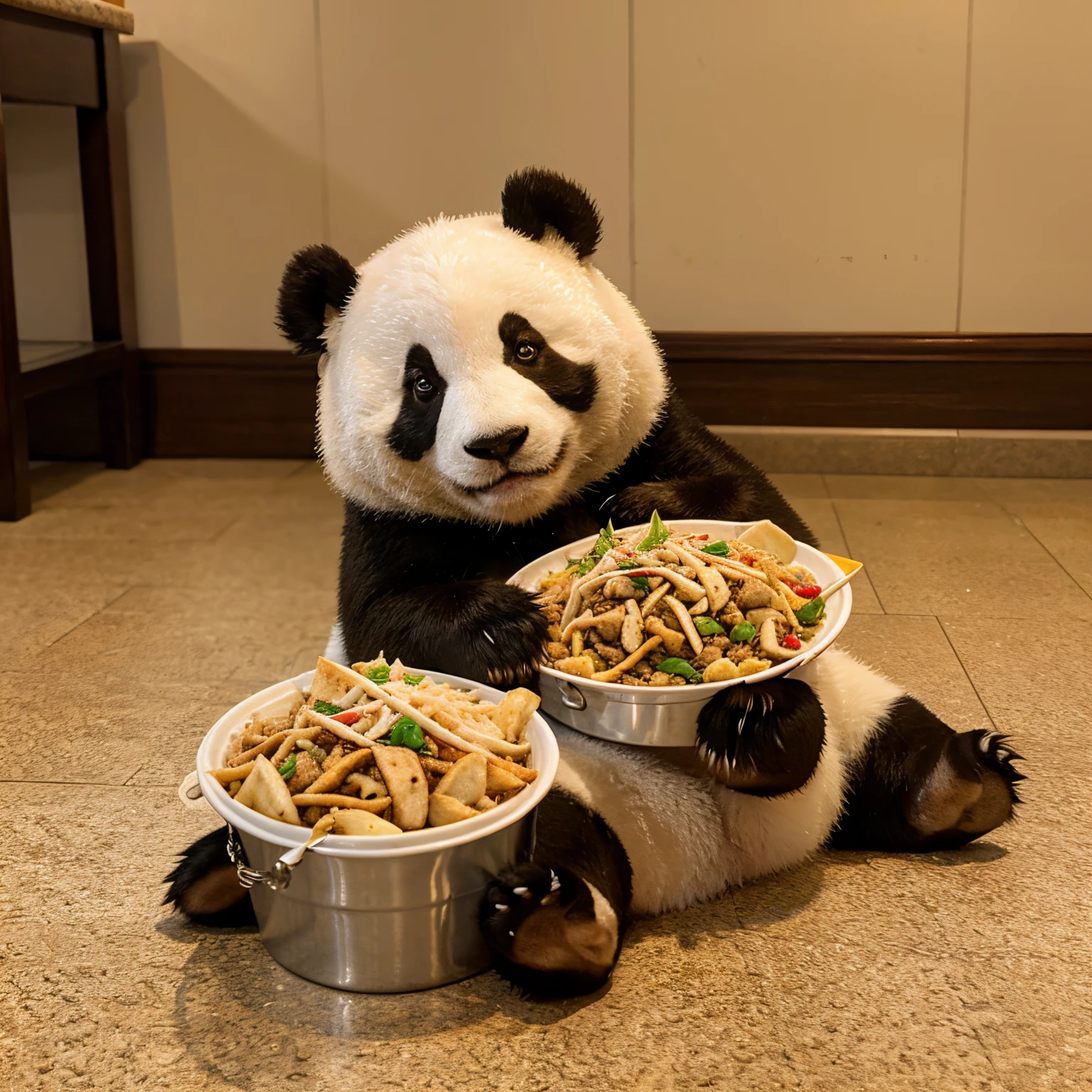 realistic panda laying on chinese food takeout pail
