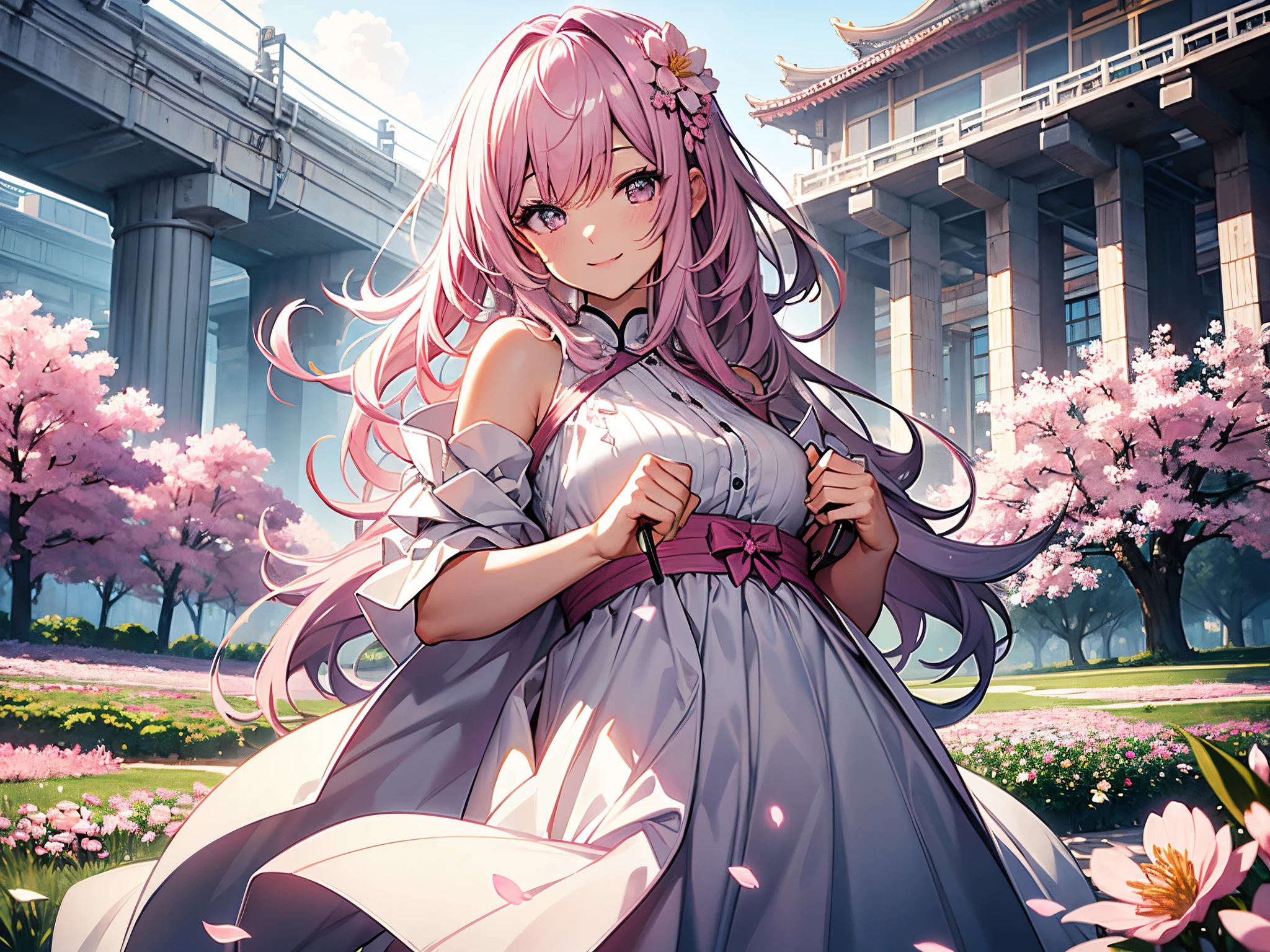 Best quality at best, tmasterpiece, 超高分辨率 (strength: 1.4), RAW photogr, 1 girl, White dress, bshoulders, Field of blooming pink flowers, Glowing skin, light  smile