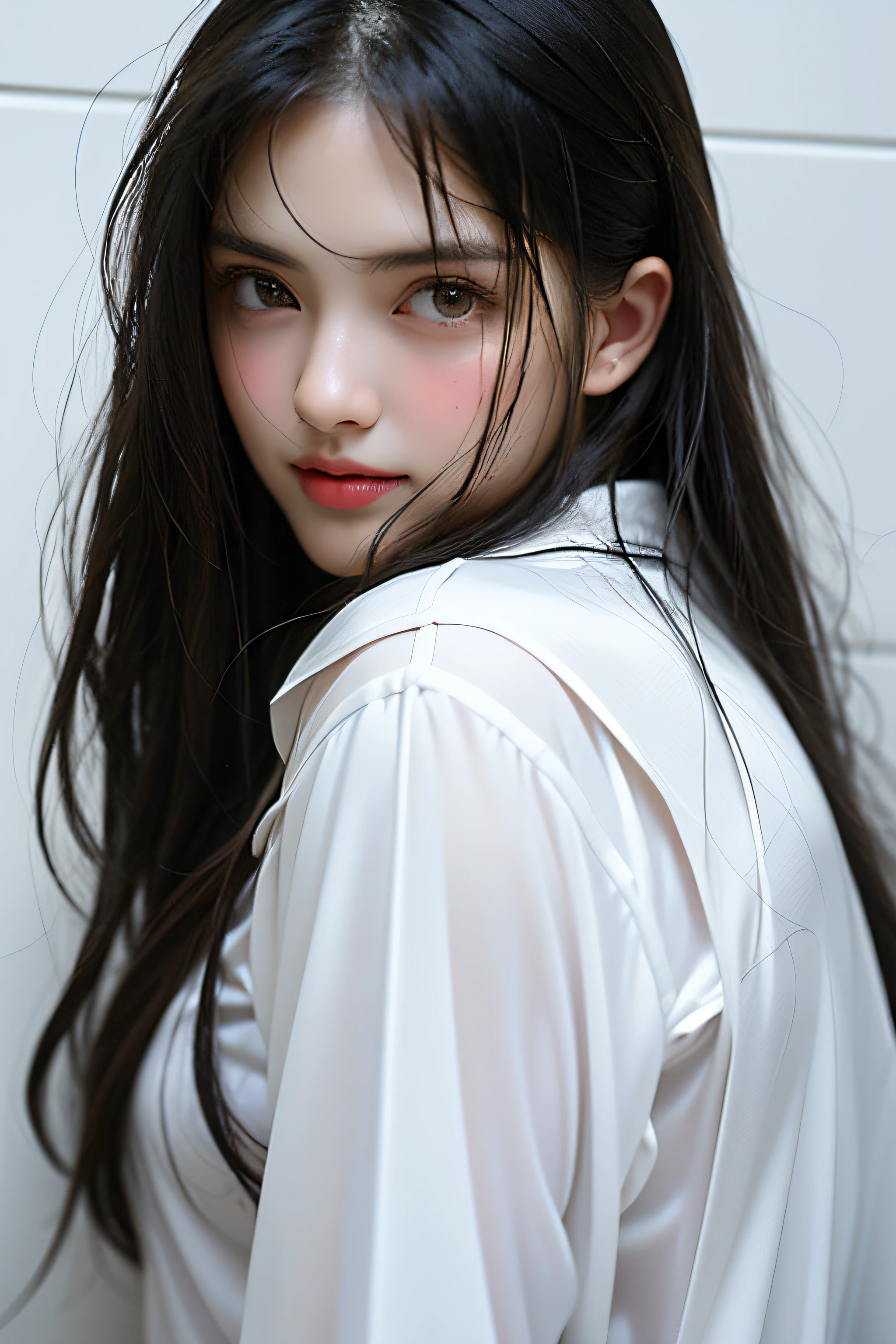 in a bathroom，Wet pubic hair，Charming eyes，Heartwarming action，Turn your face away from the camera，stooped，Bend over，turn back，Look up at your head，transparent silk pajamas ，thick long hair，Highly detailed body，Highly detailed face，best qualtiy,