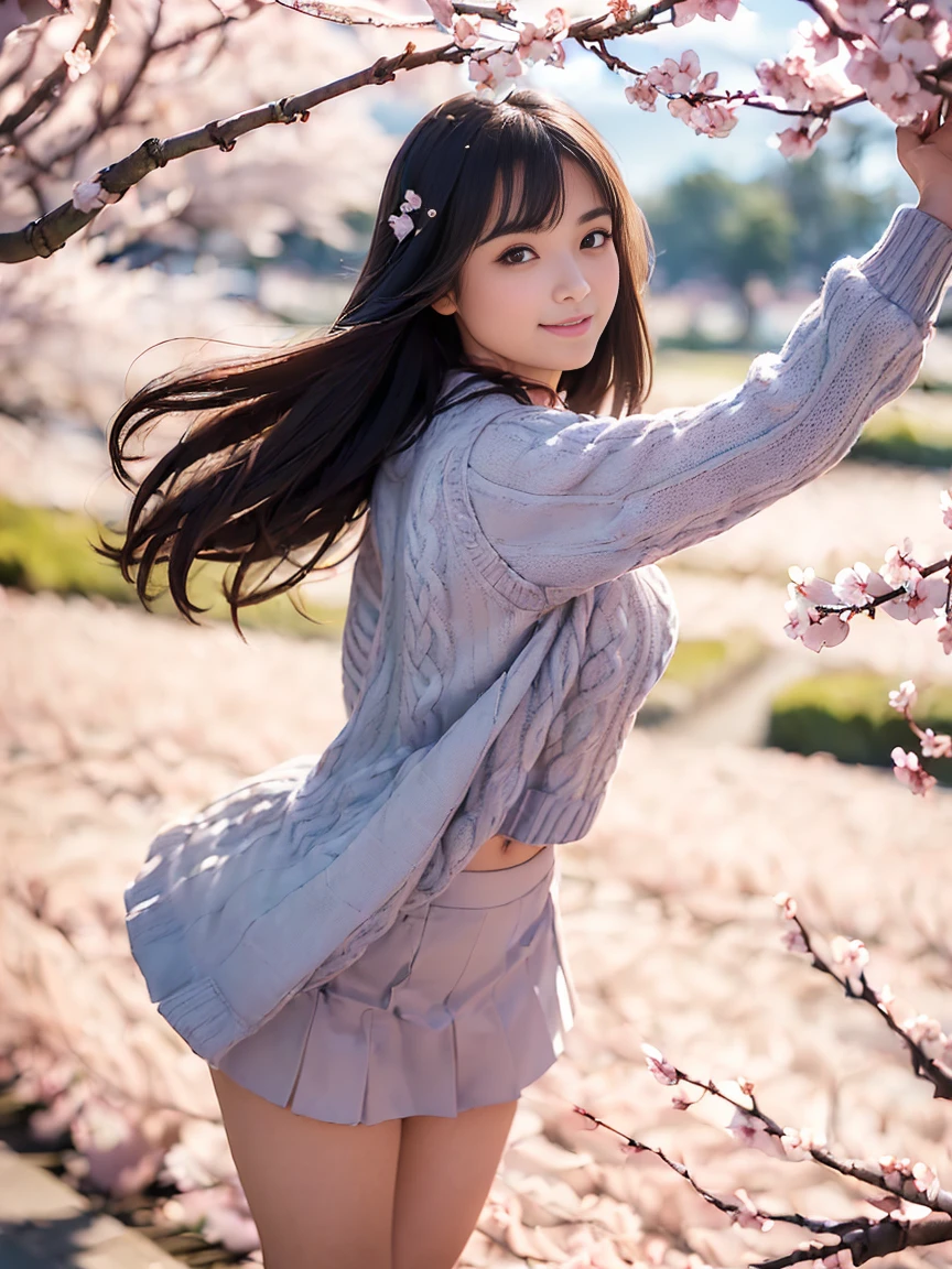 (Highest image quality), (Works of masters), very curvy girl, very big butts, medium breasts , long wavy black hair, (Close up low angle shot of one slender small breasts half up hair with dull bangs girl in spring sweater and shirt and skirt :1.5)、(The girl open her arms wide and looking viewer with a small smile、the hair flutters with the wind :1.5)、(low angle shot:1.5)、(Rows of cherry blossom trees in full bloom near the seaside:1.5)、(Blurry background,:1.5)、(Perfect Anatomy:1.3)、(No mask:1.3)、(complete fingers:1.hotorealistic、Photography、masutepiece、top-quality、High resolution, delicate and pretty、face perfect、Beautiful detailed eyeair skin、Real Human Skin、pores、((thin legs))、(Dark hair)