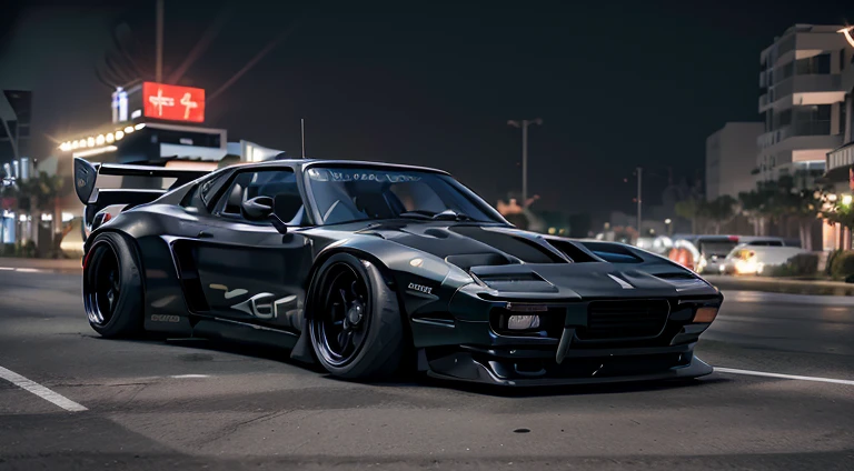 Automotive concept art of a Stylish, tactical Ferrari F40 Competizione in matte black, cgi, created by Wallace Corporation, cyberdine systems, RDA and hanka robotics, ground shadows, in a night time city square, trending on artstation, cgsociety, crepuscular rays, 3D, shot with a canon cine prime wide angle lens, unreal engine, octane render, masterpiece, maya render, corona, immaculate detail, racing spec, HDR light studio, use careful studio lighting techniques that d in crisp detail., epic composition, inspired by Forza and gran turismo, 4k