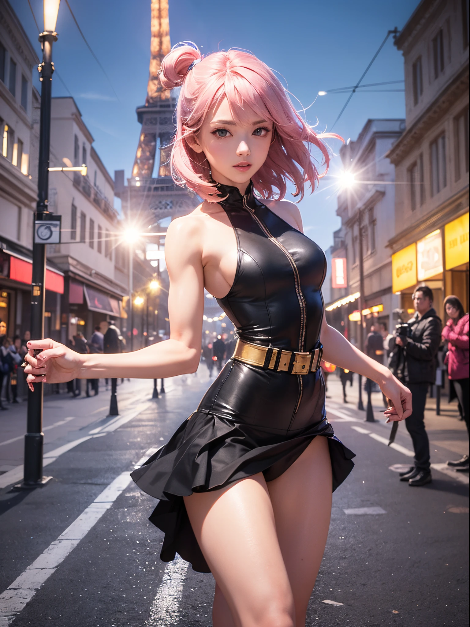 ((Best Quality, 8K, Masterpiece: 1.3)), (Fractal Art: 1.3), ((A Manon who fits the official Street Fighter 6, doing the opening action of the game)), Short pink shiny hair, (Manon wears a Street Fighter 6 costume), European Frenchman, supermodel_body, 30 years old, mature, detailed face, detailed skin texture, (long eyes: 1.2, large eyes, pronounced eyelids, long eyelashes), long legs, Perfect body proportions, mid-chest, (fitness figure, with obvious muscles), pink nails, perfect facial features, symmetrical face, high nose bridge, three-dimensional, confident eyes shining, optimal light, ray tracing, photon mapping, (in the distance is the Eiffel Tower, walking the red carpet in front of the palace, like a celebrity shooting magazine, the focus of the whole scene, there are super many reporters on both sides of the red carpet to take photos, night, night, lively lights), official illustrations, CG of game characters, (fine modeling, texture of clothes), (shooting with a tilted lens, shooting with a DSLR camera from a distance, shooting angle from top to bottom), complex reflections, there are light particles on the character, (shiny glitter on the body: 1.6, shiny powder shining because of the reflection Very dazzling),