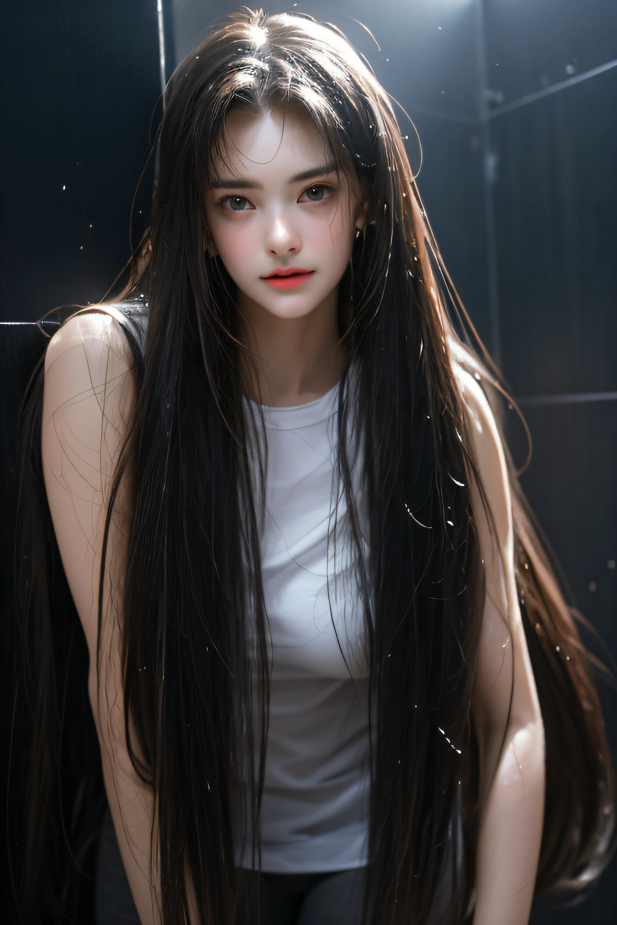 in a bathroom,Wet pubic hair,Charming eyes,Heartwarming action,Turn your face away from the camera,stooped,Bend over,turn back,Look up at your head,thick long hair,Highly detailed body,Highly detailed face,best qualtiy,