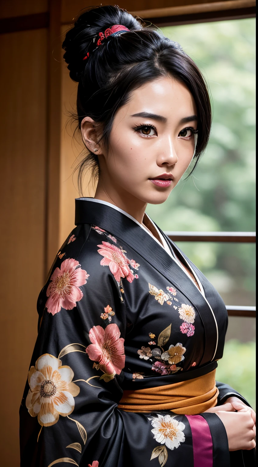 A close up of a woman in a kimono looking at the camera - SeaArt AI