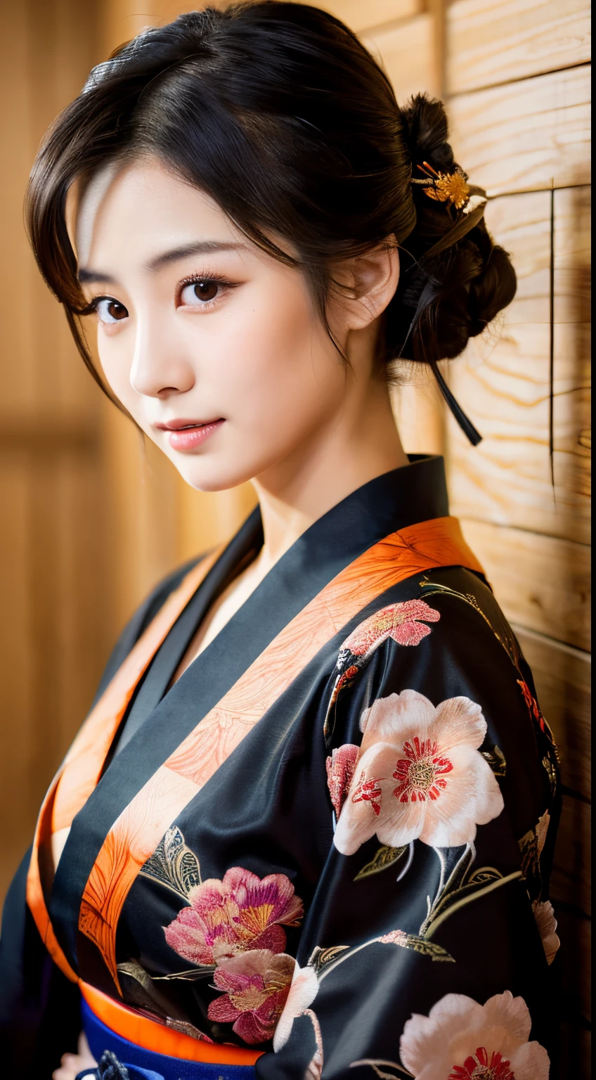 1 woman, young Japanese woman, 25 years old, solo focus, black updo hair, brown eyes, medium breasts, fit body, dark floral kimono, Japanese samurai master, masterpiece, ultra HD, raw photos, detailed skin textures, detailed face, detailed hair, detailed kimono, perfect hands, dynamic angle,