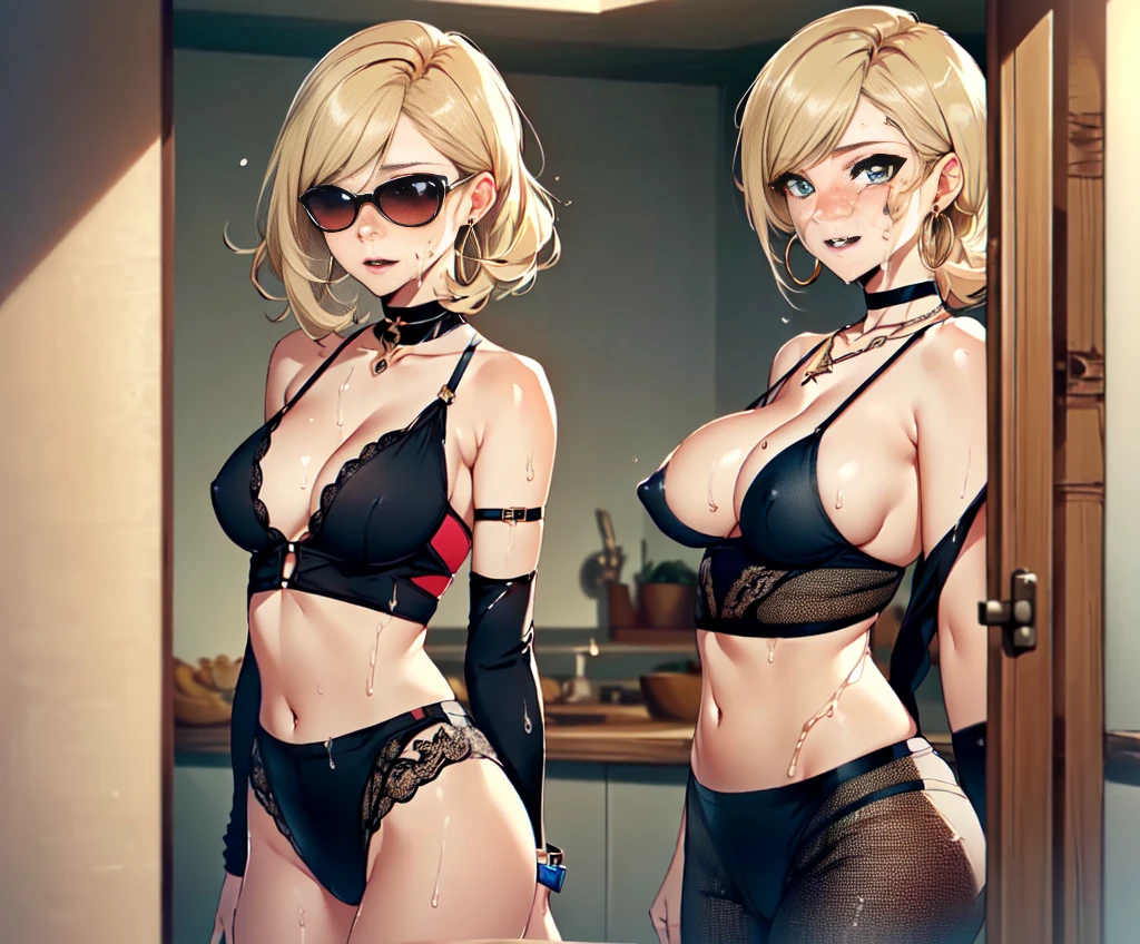 nsfw, (perfect female proportions)++, (ciel_megamanz, solo, solo focus, solo female,1girl)++, beautiful detailed eyes, breast enhancement, toned female, glamorous perfect female proportion,  woman, lascivious woman, (evil smile:1.1), (bimbo, , gal, milf, sult, gyaru, ganguro :1.2), (perfect female proportions:1.1), (seductive eyes:1.2), eyeliner, mascara, sexy makeup, (seductive smile:1.2), (mature woman:1.4), (Ciel (Mega Man Zero)+++, masterpiece, best quality, high quality, illustration, film grain, 1girl, (high resolution, masterpiece, ultra best quality, insanely amazing hyper fine extremely detailed, official:1.4,1girl, breasts, jewelry, cleavage, slutty  bimbo, solo, realistic, large_breasts, necklace, earrings, lips, pink_shorts, looking_at_viewer, dark_skin, nail_polish, long_hair, pantyhose, blue_eyes, makeup, nose, midriff, standing, lipstick, parted_lips, smile, golden_hair, sheer_legwear, navel, photo, black-framed_eyewear, eyeshadow, freckles, indoors, mascara, pink_leotard, sleeveless, fingernails, collarbone, underwear, 2d, crop_top, silver_hair, strapless, cowboy_shot, hoop_earrings, ring, choker, short_shorts, bare_shoulders, rimless_eyewear, blond_hair, piercing, round_eyewear, fishnets, shorts, legs_together, contrapposto, wavy_hair, medium_hair, watch, wristwatch, bra, bracelet, long_fingernails, pink_nails, thighs, eyelashes, kuro gyaru, stomach, bimbo, milf, covered erect nipples, , slutty pose, revealing_clothes, cameltoe,  visible through clothes, nipple bulge, dripping ,  juice drip, wet , sweating, steaming body, dark skin,