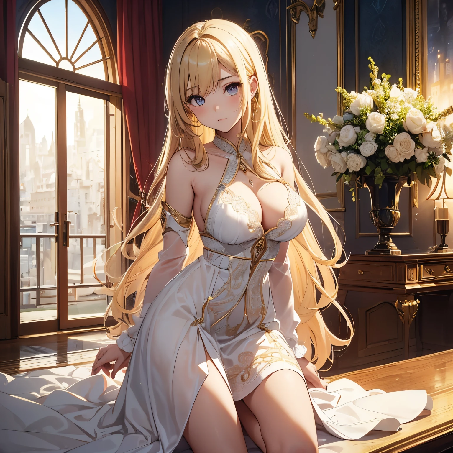 top-quality、Top image quality、​masterpiece、girl with((20yr old、Best Bust、big bast、Bust 85,beautiful golden eyereasts wide open,Blonde long hair、A slender、Large valleys、casual dressLeaning forward、Reflecting the whole body)）hiquality、Beautiful Art、Background with((Luxury Hotels、 fancy dress、Window with night view)))masutepiece、visualart、depth of fields、alone, sad face