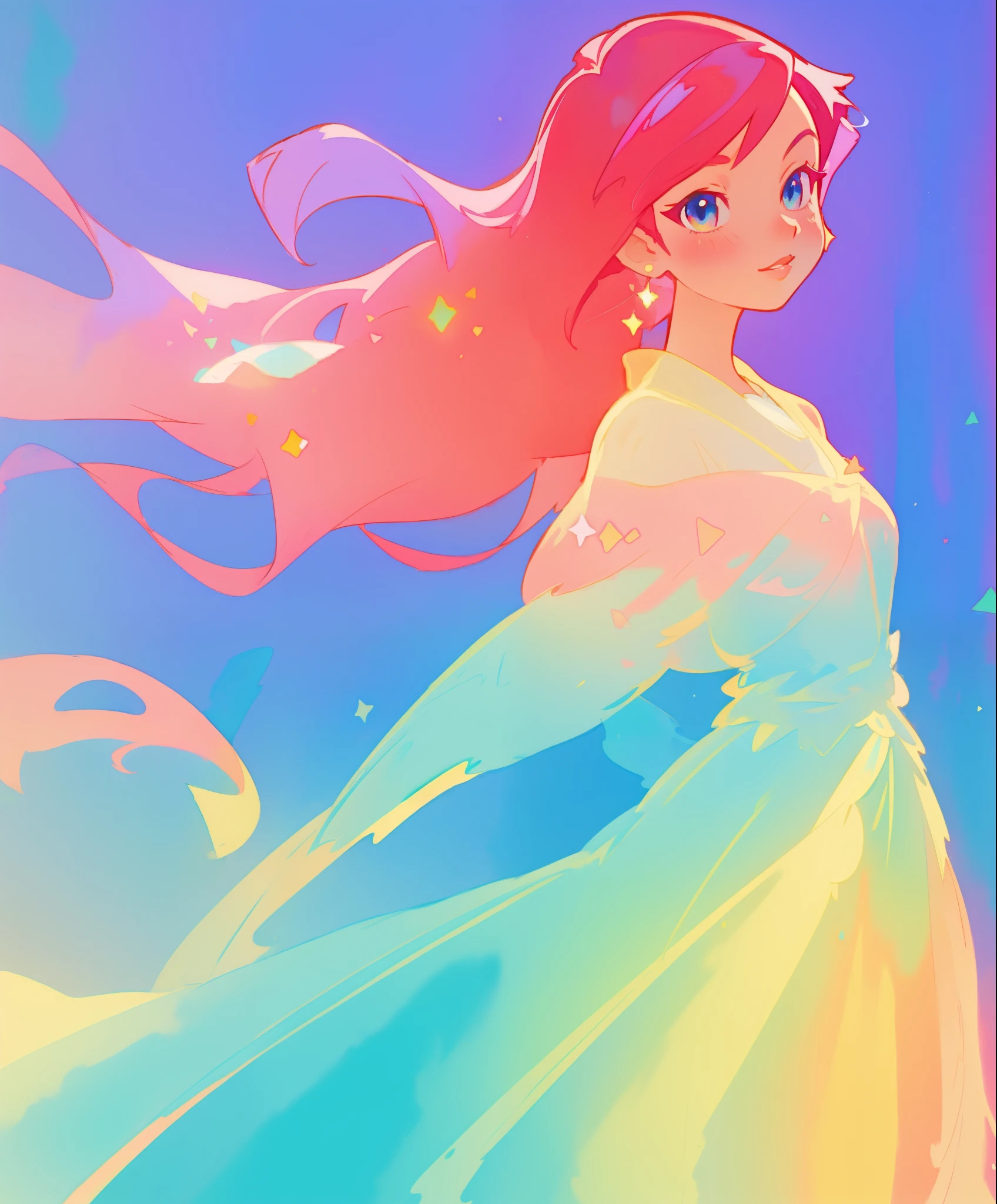 beautiful girl in colorful gradient princess ballgown, long flowing red pink hair, colorful fantasia background, watercolor illustration, disney art style, beautiful digital illustration, beautiful, masterpiece, best quality, anime disney style, beautiful face
