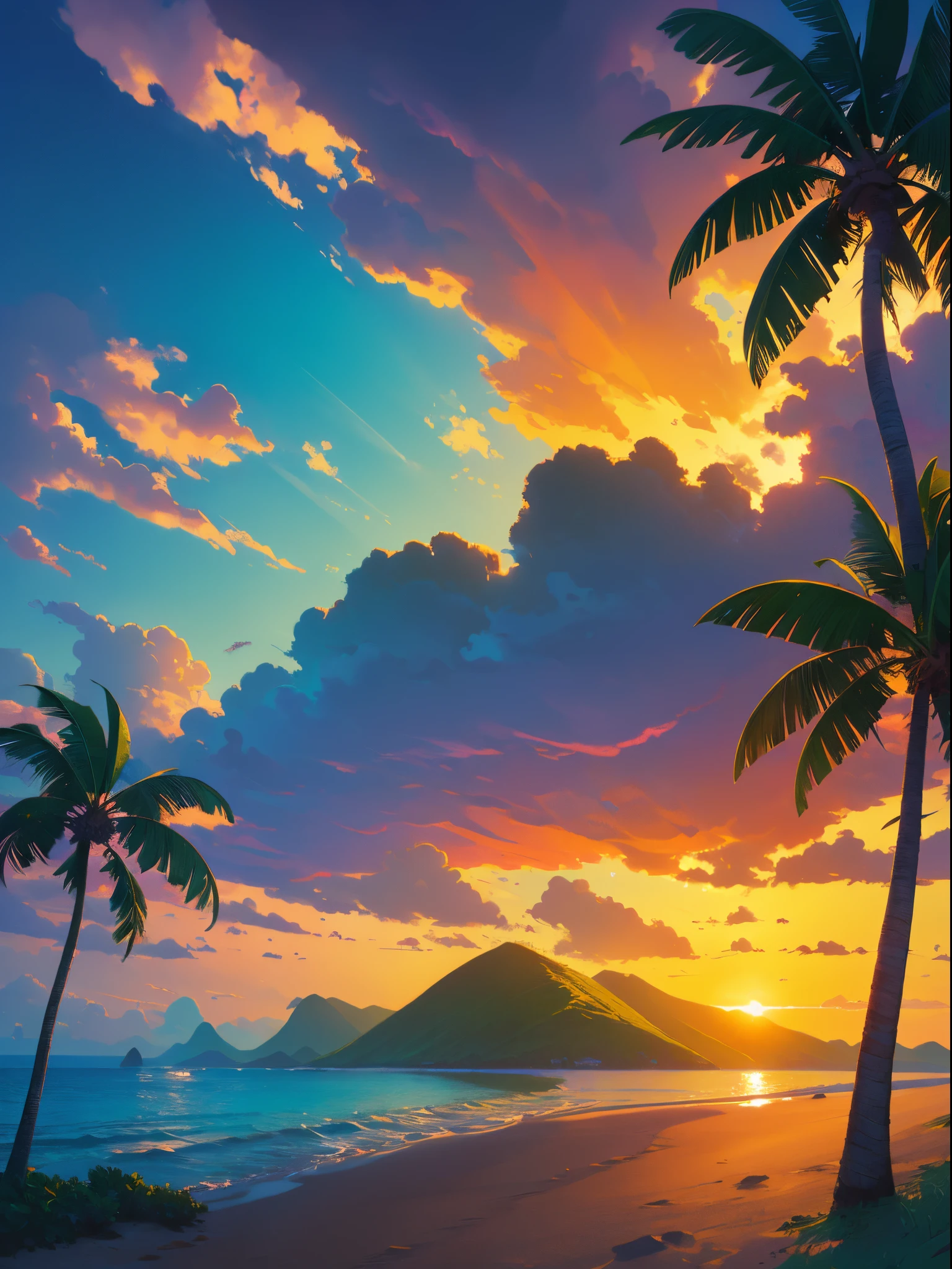 painting of a sunset on a tropical beach with a greeny hill in the background, coconut trees, small sailing boat, beautiful art uhd, detailed painting, highly detailed digital art, inspired by RHADS, 4k detailed digital art, detailed scenery, stunning artwork, by RHADS, dan mumford and albert bierstadt, anime art wallpaper 4k