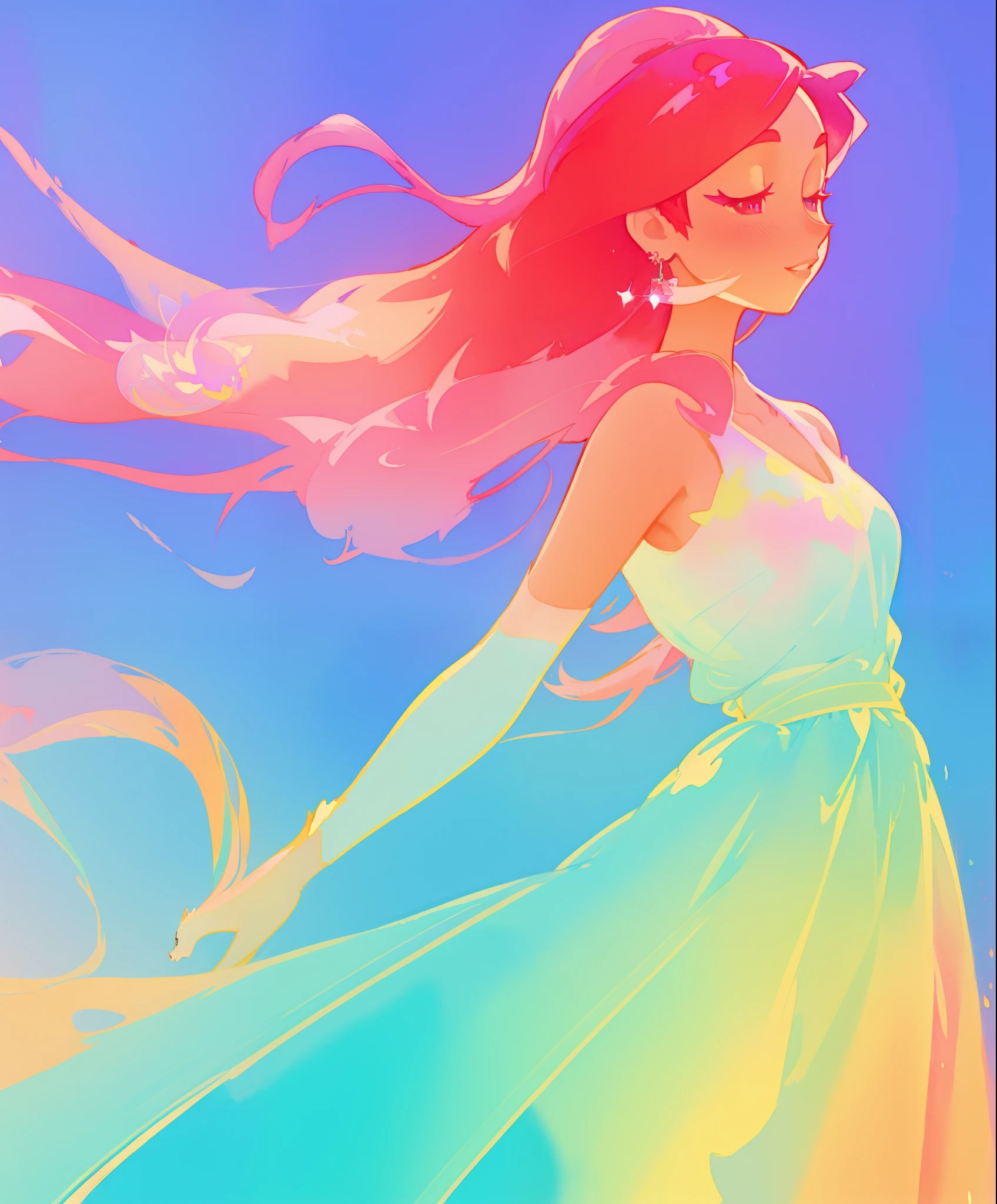 beautiful girl in colorful gradient princess ballgown, long flowing red pink hair, colorful fantasia background, watercolor illustration, disney art style, beautiful digital illustration, beautiful, masterpiece, best quality, anime disney style, beautiful face