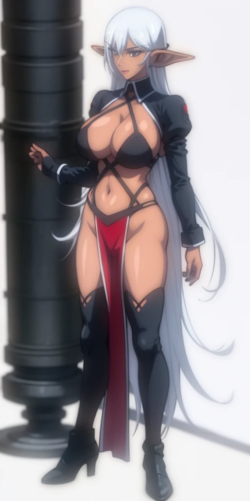 full body standing woman, white background, white hair, long messy hair, black elf skin