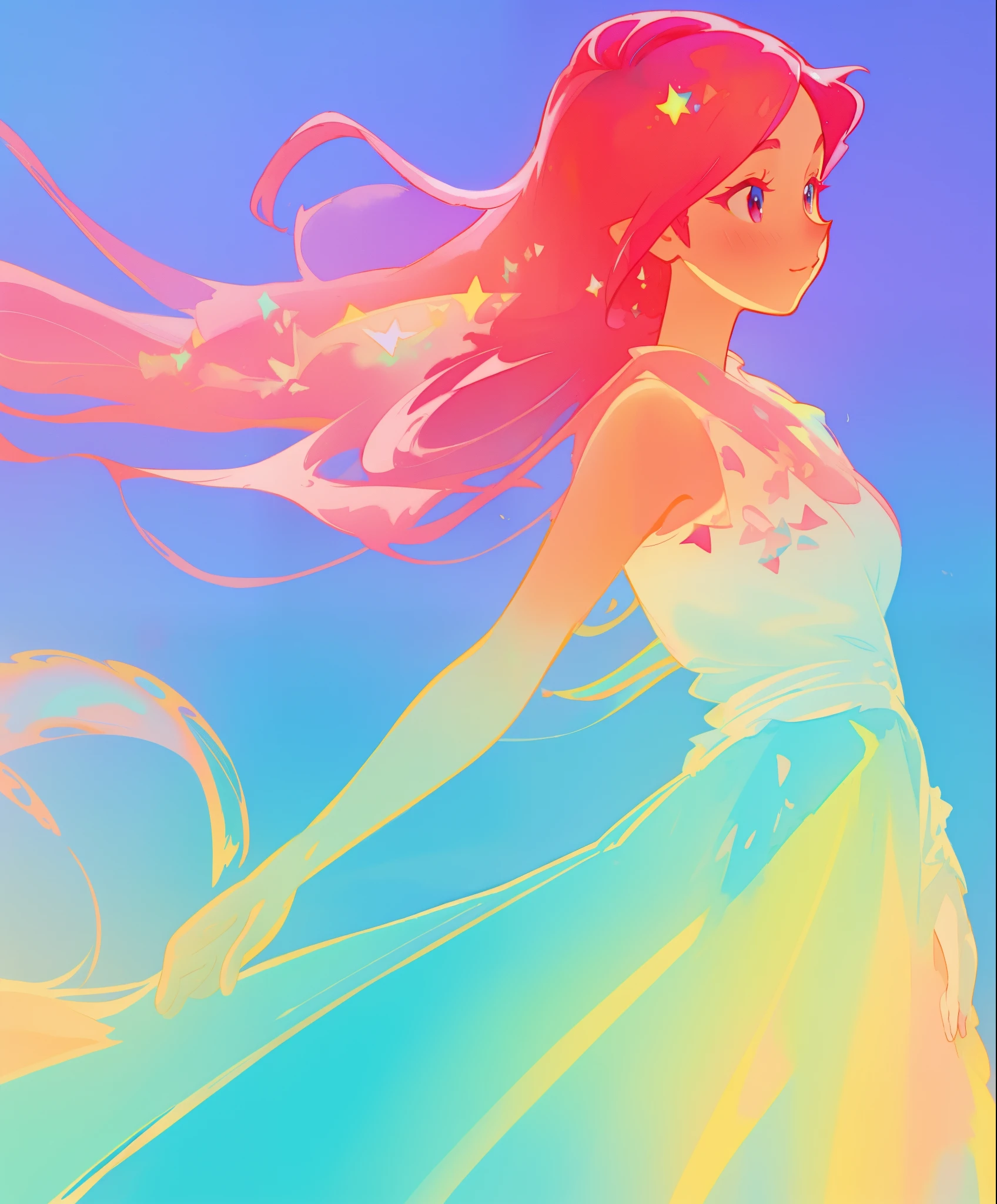 beautiful girl in colorful gradient princess ballgown, long flowing red pink hair, colorful fantasia background, watercolor illustration, disney art style, beautiful digital illustration, beautiful, masterpiece, best quality, anime disney style, beautiful face