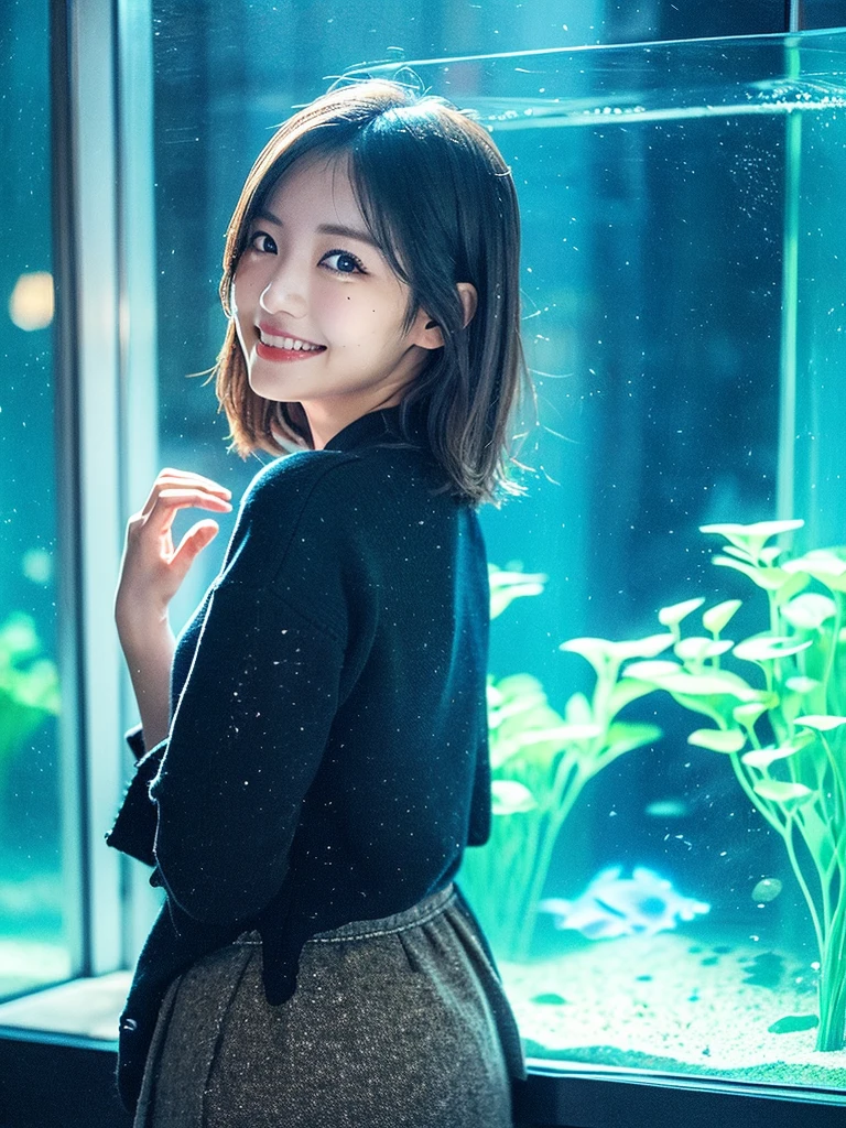 ​masterpiece, ultra realistic, 32k, extremely detailed CG unity 8k wallpaper, best quality, dramatic light, (film overlay, film grain:1.5), (masterpiece, best quality:1.2),  1 girl in, 25-years old, Beautiful girl in Japan, Girl on a date at the aquarium,In front of the big tank in the aquarium、View the aquarium tank、((Looking away)), japanese, full body , Peacoat, Sweaters, Long flared skirt,a smile、 ((eyes visible through hair)),  ((Plump lips)),  (Wavy Hair),(Short hair), (Back lighting),((I have one small mole under my eye)), (Detailed eyes),(detailed facial features), (detailed arms),(Detailed fingers),(Detailed legs)