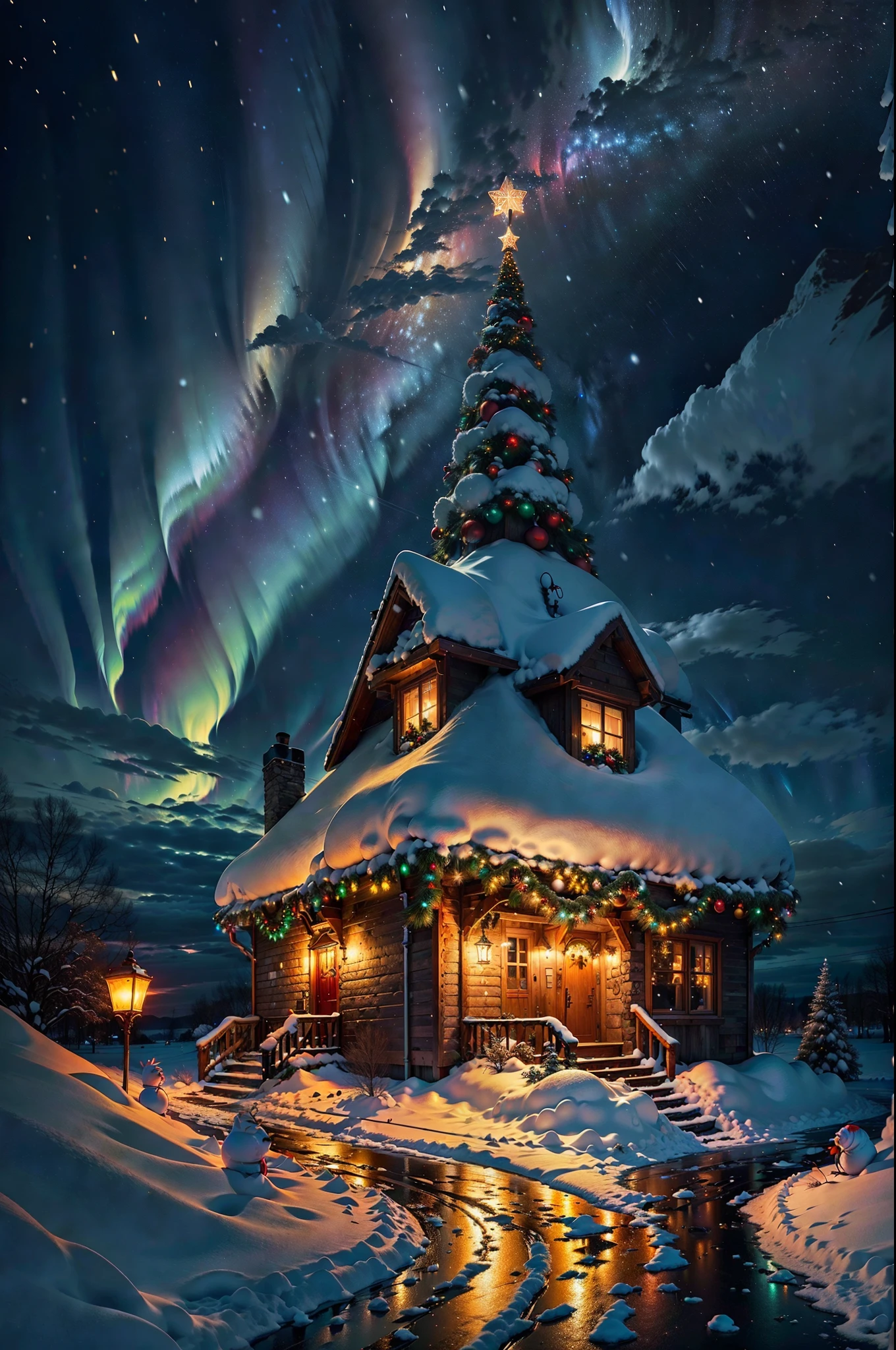 cool christmas night,polar lights,snow,colorful,beautiful