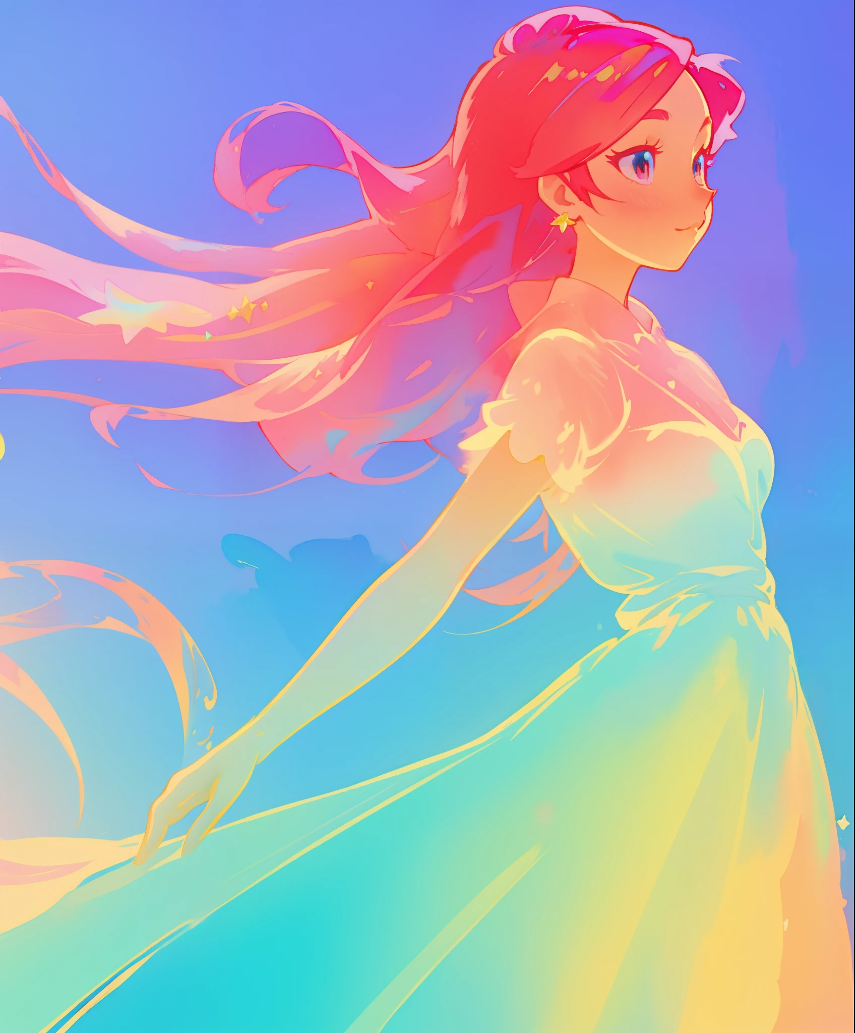 beautiful girl in colorful gradient princess ballgown, long flowing red pink hair, colorful fantasia background, watercolor illustration, disney art style, beautiful digital illustration, beautiful, masterpiece, best quality, anime disney style, beautiful face
