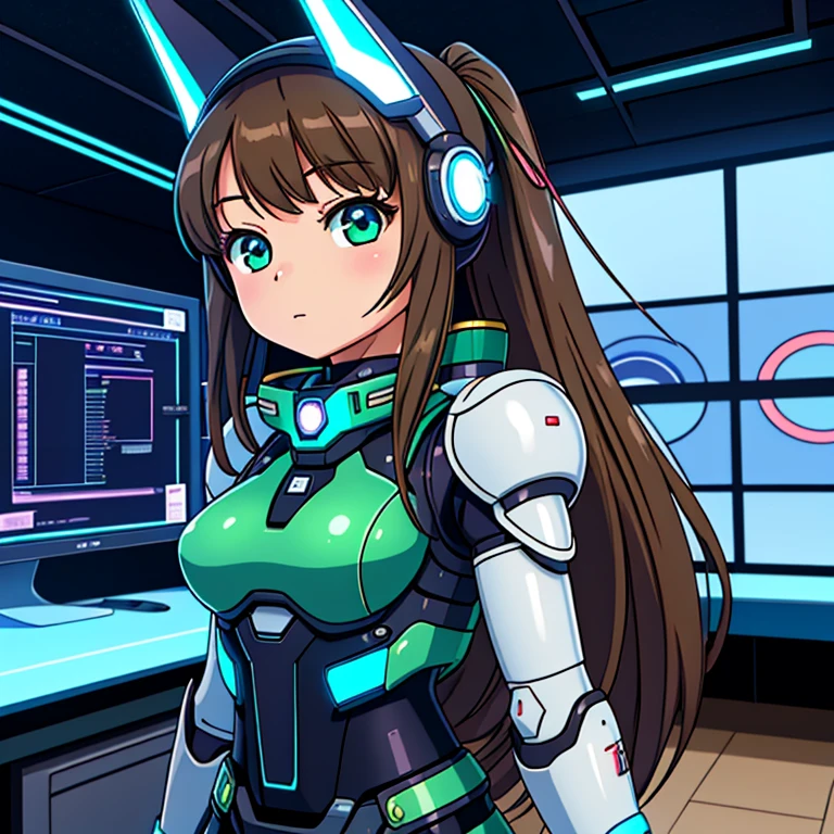 A cute  japaneese girl, drawn in anime style, futuristic, Y2K aesthetic, sci-fi, jade green eyes, long brown hair, ribbon headband, small breast, white and blue futuristic military armor, standing in high tech futuristic office, highly detailed, 4K.