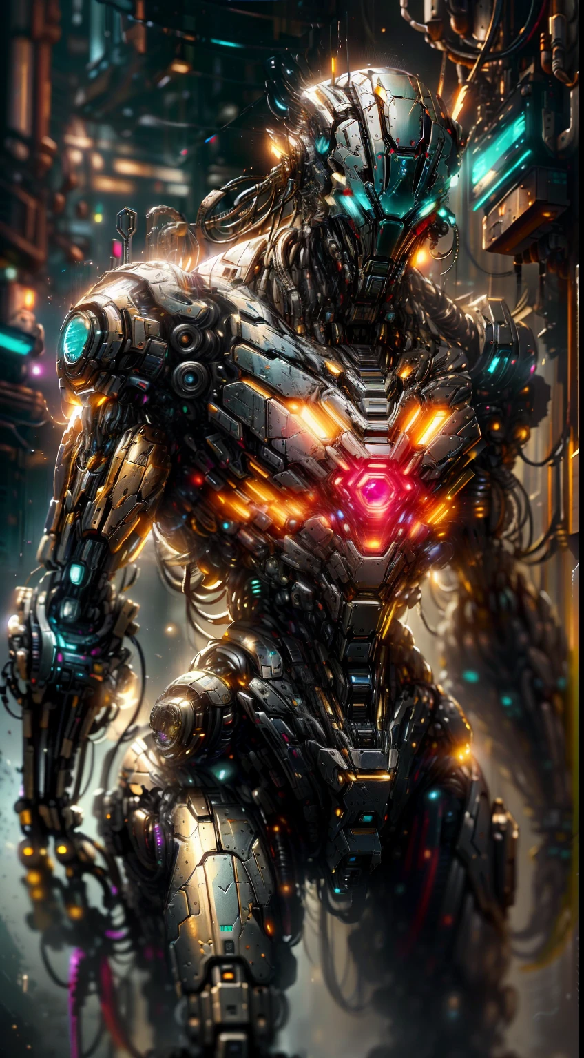 X-man de DC photographie, Biomechanical, Robot complexe, golden, pleine croissance, hyper-realistic, Crazy little details, Des lignes incroyablement épurées, cyberpunk aesthetics, masterpiece featured on Zbrush Central, Cyberpunk City en toile de fond