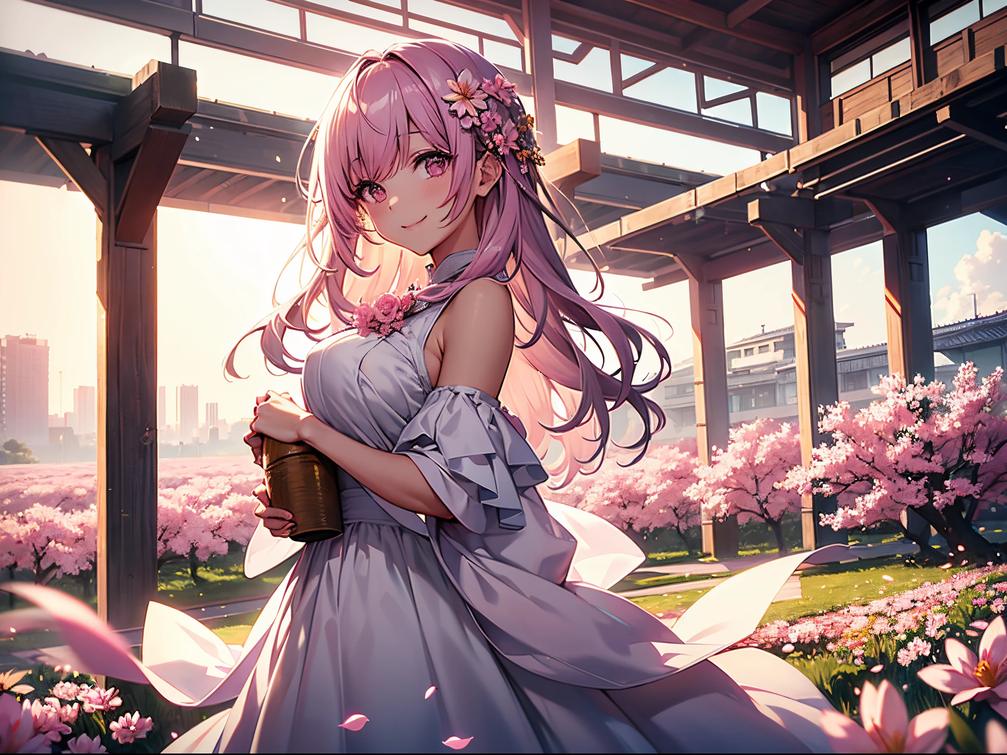 Best quality, tmasterpiece, 超高分辨率 (strength: 1.4), RAW photos, 1 girl, White dress, shoulder, Field of blooming pink flowers, Glowing skin, light smile