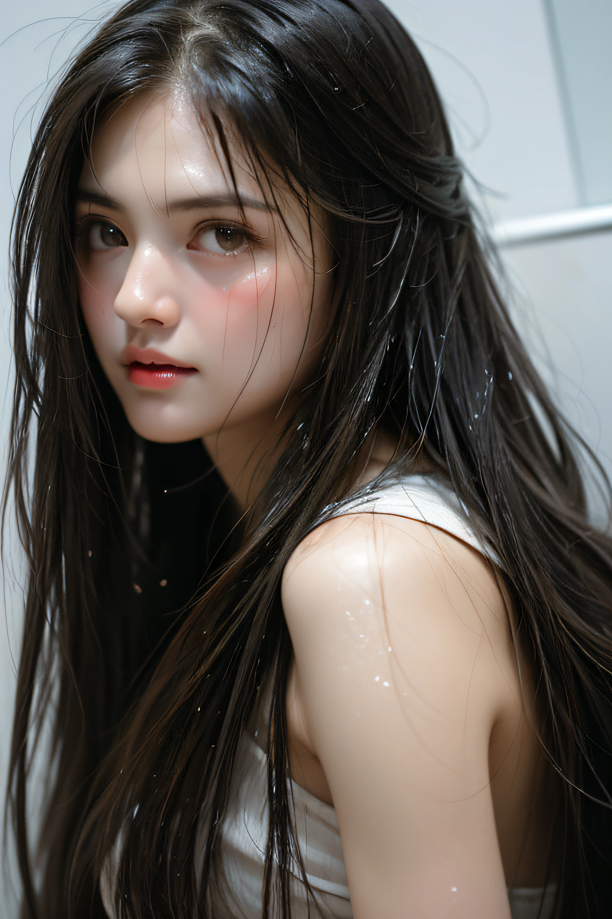 in a bathroom,Wet pubic hair,Charming eyes,Heartwarming action,Turn your face away from the camera,stooped,Bend over,turn back,Look up at your head ,thick long hair,Highly detailed body,Highly detailed face,best qualtiy,