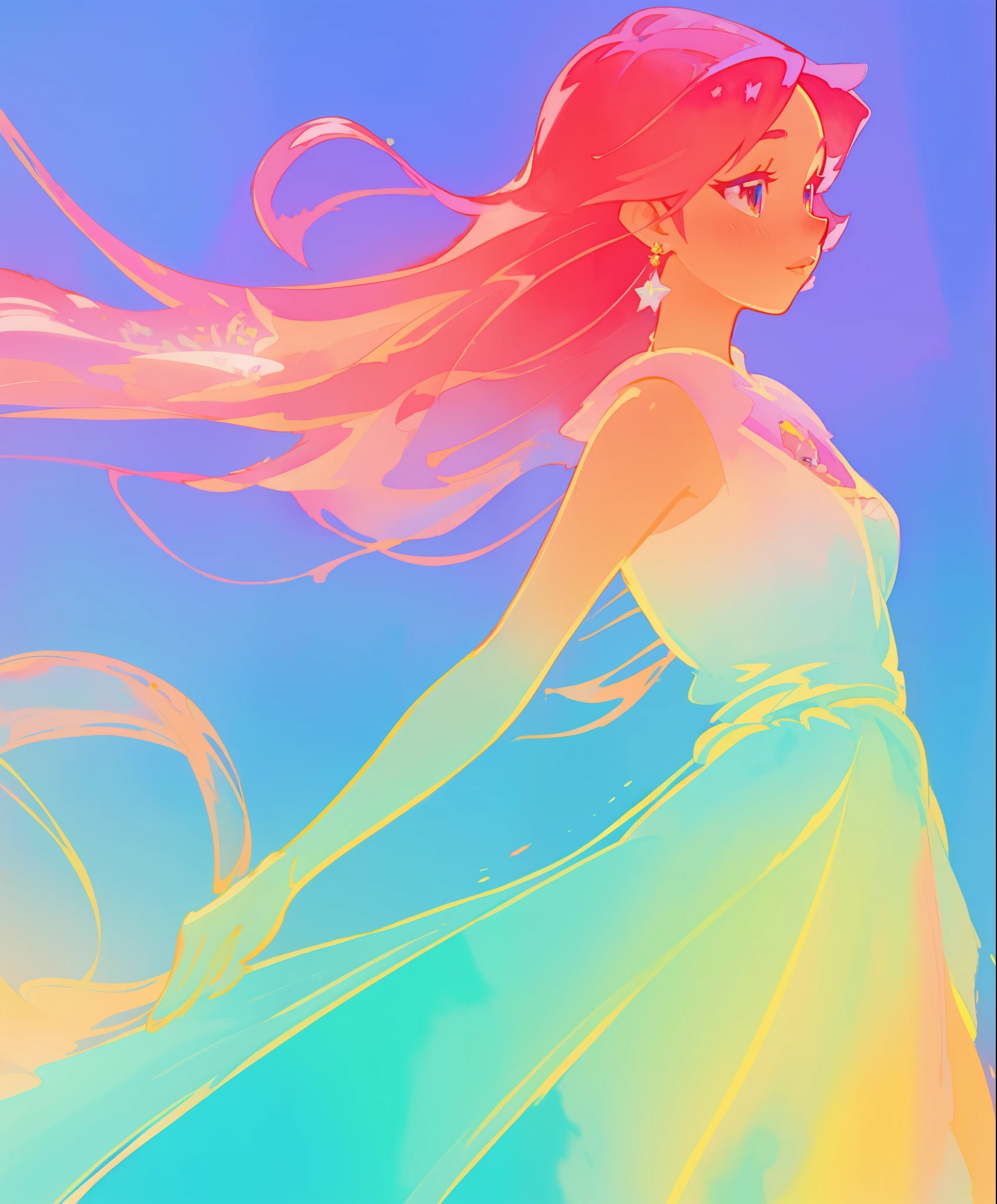 beautiful girl in colorful gradient princess ballgown, long flowing red pink hair, colorful fantasia background, watercolor illustration, disney art style, beautiful digital illustration, beautiful, masterpiece, best quality, anime disney style, beautiful face
