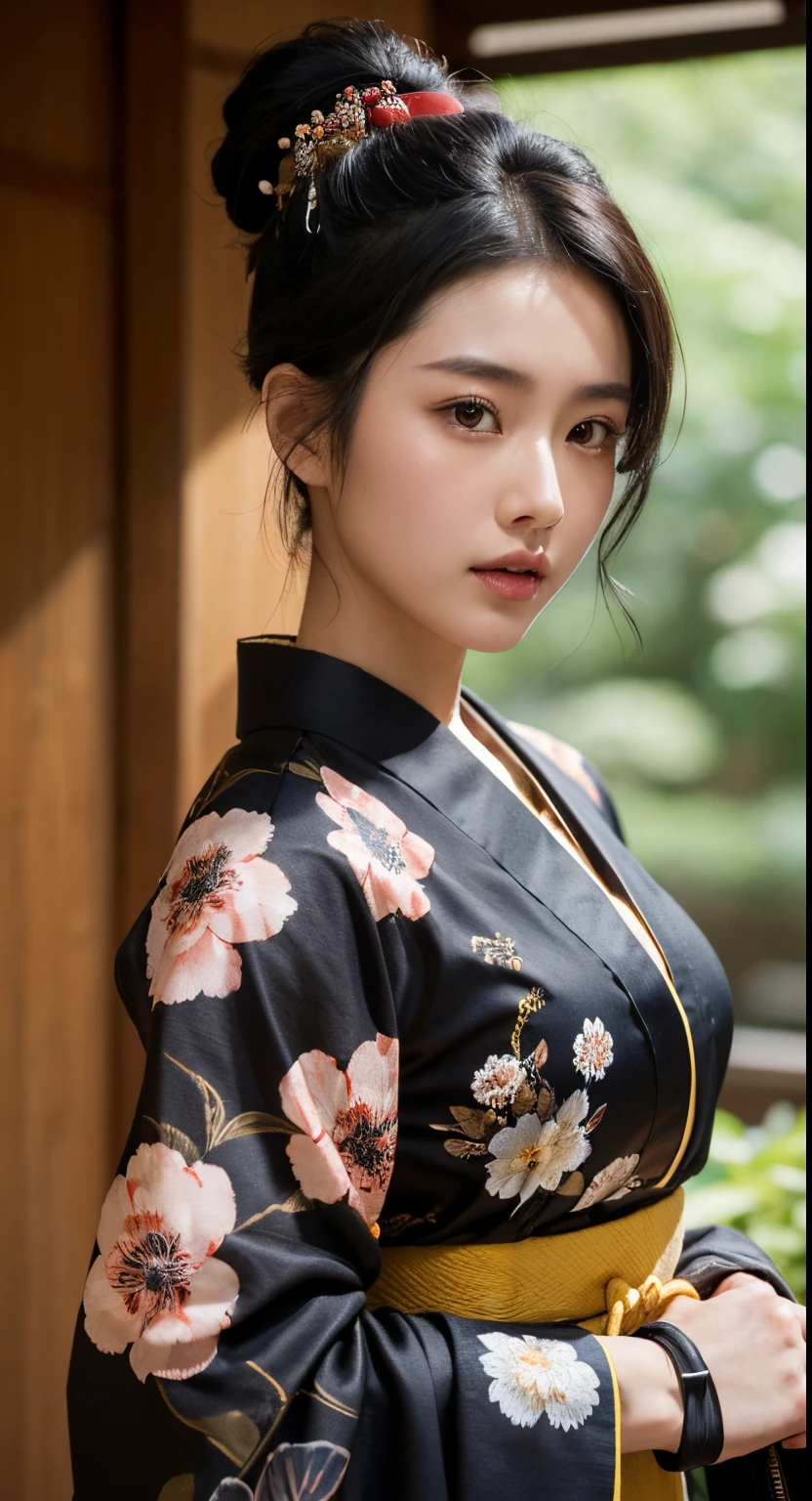 1 woman, young Japanese woman, 25 years old, solo focus, black updo hair, brown eyes, ??????????????, fit body, dark floral kimono, Japanese samurai master, masterpiece, ultra HD, raw photos, detailed skin textures, detailed face, detailed hair, detailed kimono, perfect hands, dynamic angle,