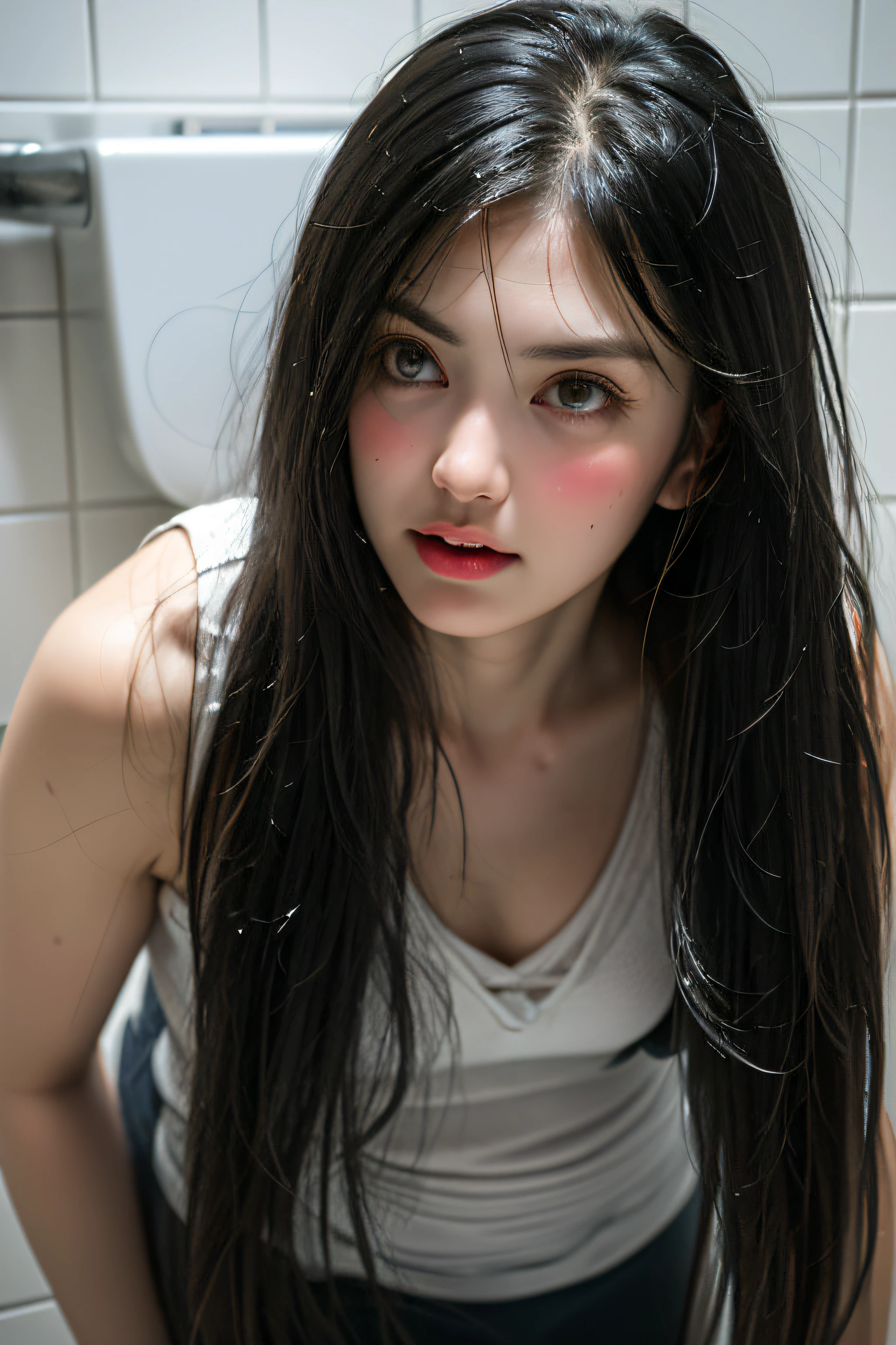 in a bathroom,Wet pubic hair,Charming eyes,Heartwarming action,Turn your face away from the camera,stooped,Bend over,turn back,Look up at your head,thick long hair,Highly detailed body,Highly detailed face,best qualtiy,((erection))