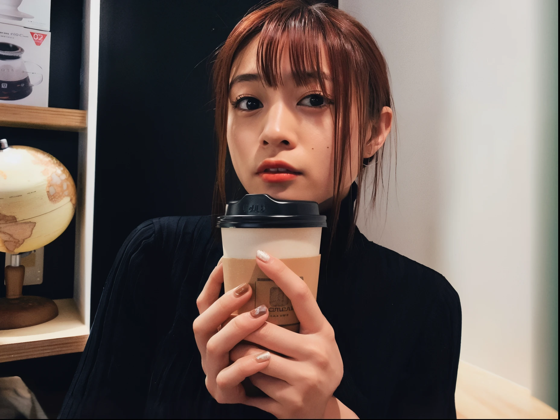There was a woman there with a cup of coffee and a globe., mysterious coffee shop girl, Drinking coffee, chiho, drinking a cup of coffee, style of junji ito, kiko mizuhara, jossi of blackpink, gemma chen, shinsui ito, drinking a cup of coffee, selfie of a young woman, Woman drinking coffee, hime-cut,animesque,