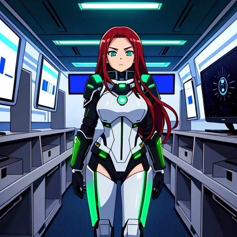 A beautiful 15 years old European girl, drawn in anime style, futuristic, Y2K aesthetic, sci-fi, jade green eyes, long red hair, small breast, white and blue futuristic military armor, standing in high tech futuristic office, highly detailed, 4K.